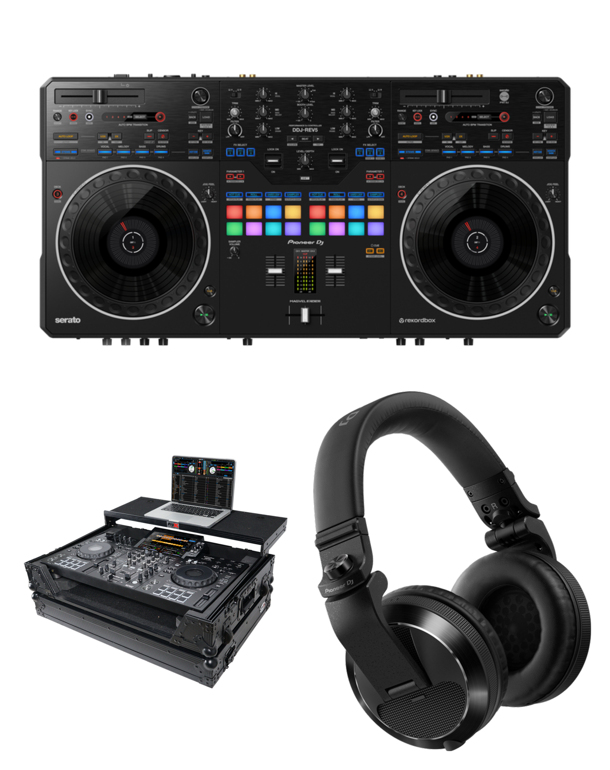 Pioneer DJ DDJ-REV5 + ProX XS-XDJRX3WLTBL Flight Case + HDJ-X7 Headphones Bundle