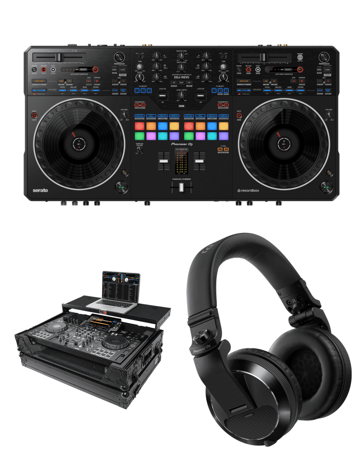 Pioneer DJ DDJ-REV5 + ProX XS-XDJRX3WLTBL Flight Case + HDJ-X7 Headphones Bundle