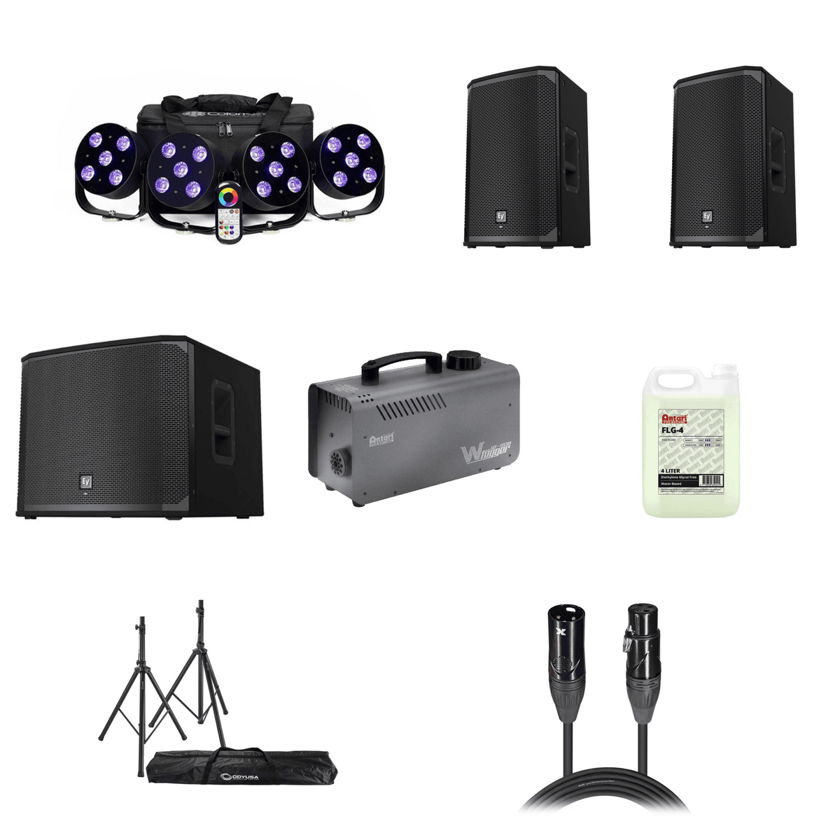 Party Rocker Bundle: Colorkey MobilePar HEX 5 4-Pack, 2x Electro-Voice EKX-12P, EKX-15SP subwoofer, Antari W-508 fog machine, FLG-4 fluid, Odyssey stands, ProX XLR cables