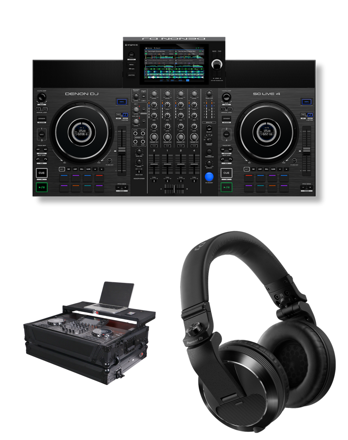 Denon DJ SC LIVE 4 + ProX XS-SCLIVE4WLTBLLED Flight Case + Pioneer DJ HDJ-X7 Headphones Bundle
