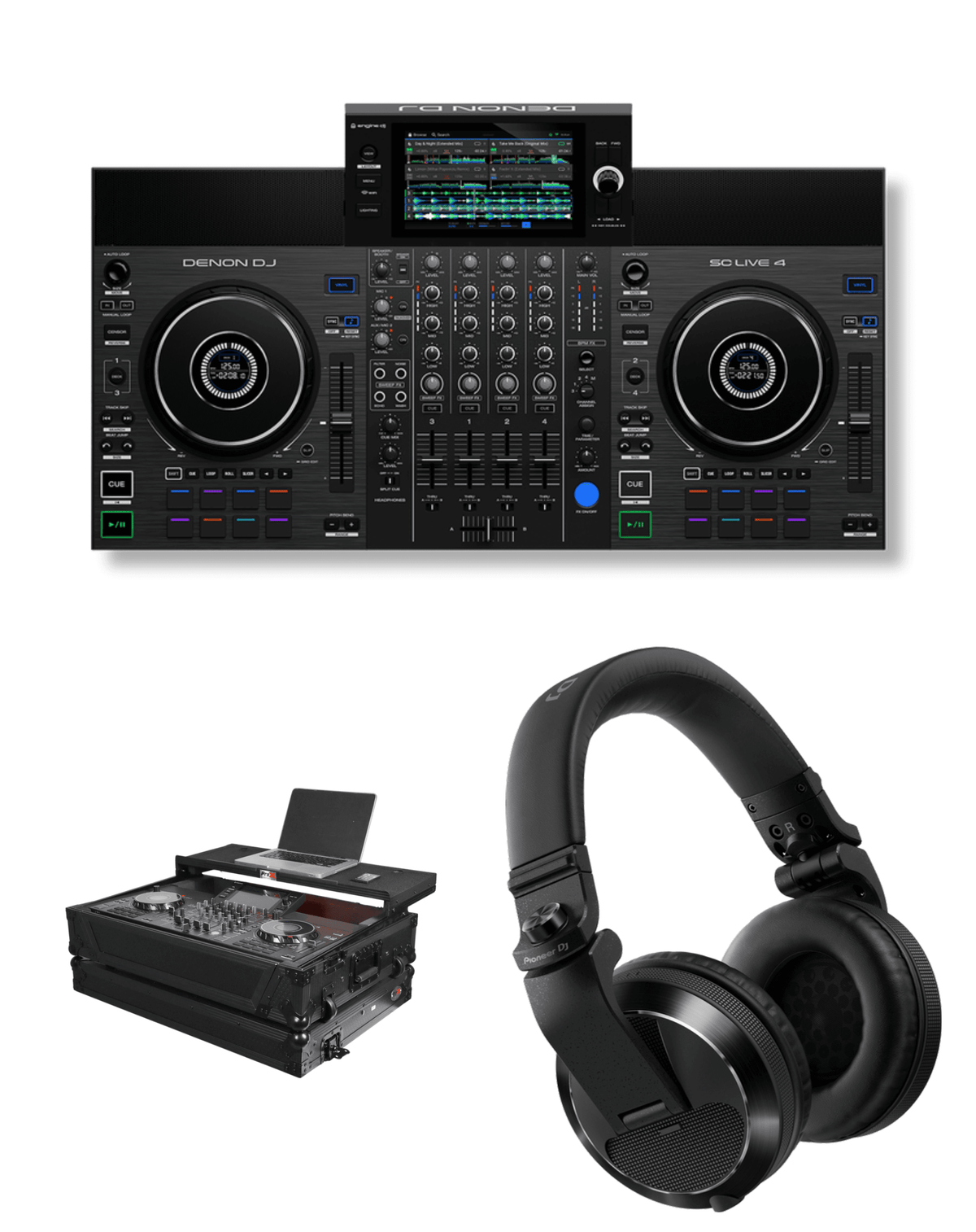 Denon DJ SC LIVE 4 + ProX XS-SCLIVE4WLTBLLED Flight Case + Pioneer DJ HDJ-X7 Headphones Bundle