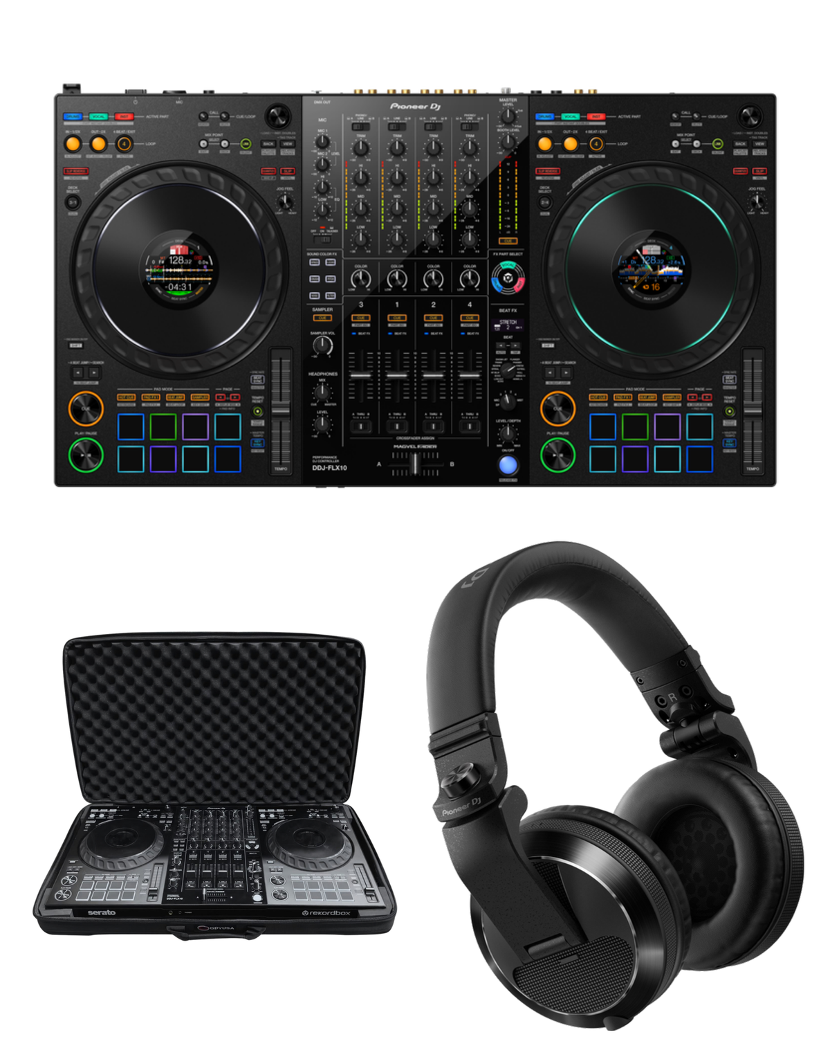 Pioneer DJ DDJ-FLX10 + Odyssey BMFLX10 Soft Case + Pioneer DJ HDJ-X7 Headphones Bundle