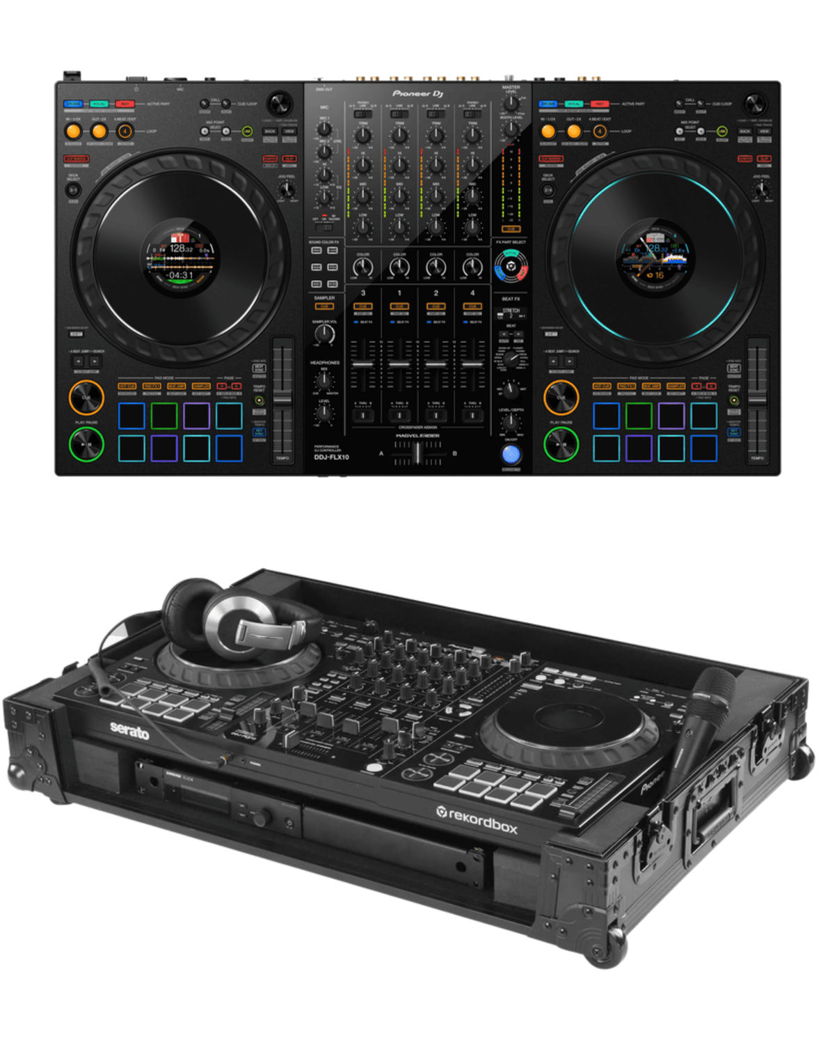 Pioneer DJ DDJ-FLX10 + Odyssey FZDDJFLX10CWBL Flight Case Bundle
