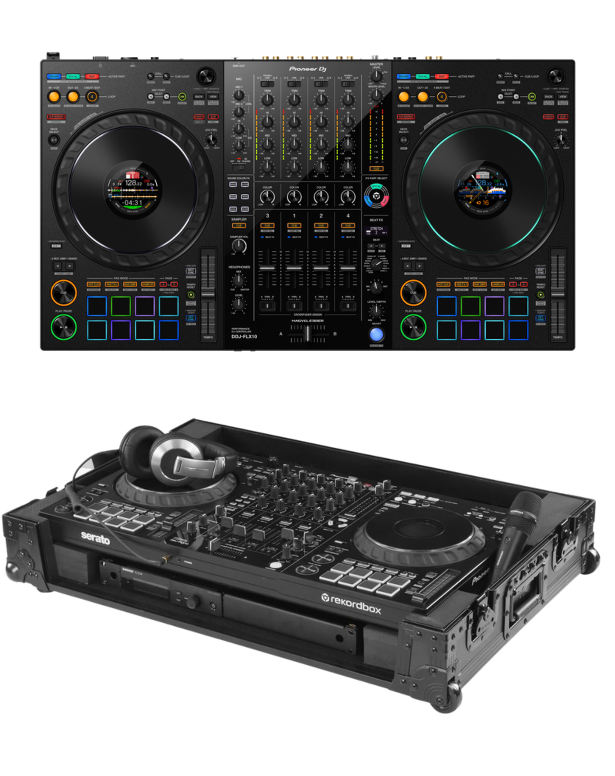 Pioneer DJ DDJ-FLX10 + Odyssey FZDDJFLX10CWBL Flight Case Bundle