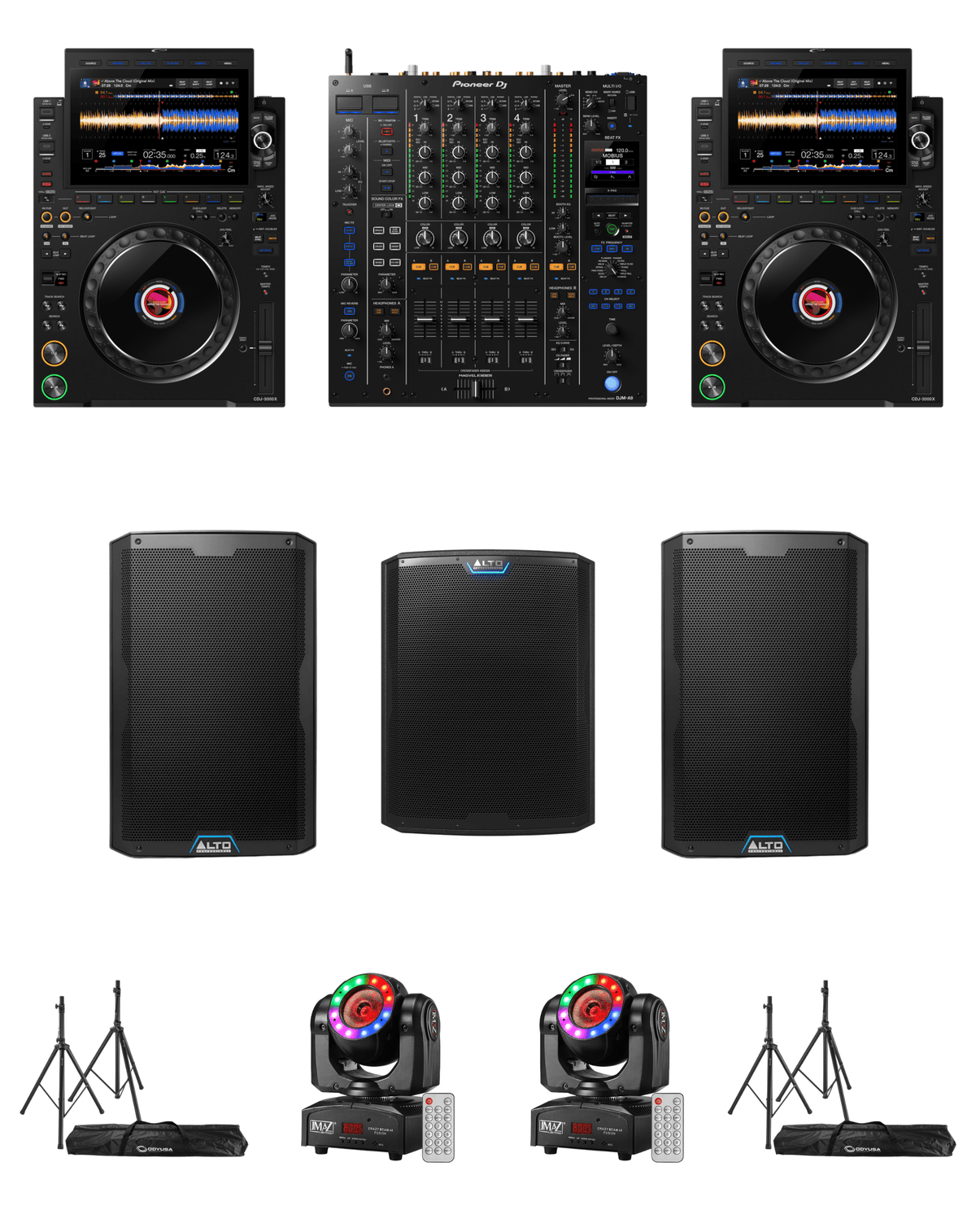 AlphaTheta CDJ-3000X Gig Ready Bundle: 2x CDJ-3000X, DJM-A9, Alto TS415 x2, TS18S, Odyssey LTS2X2B x2, JMAZ Crazy Beam 40 Fusion x2