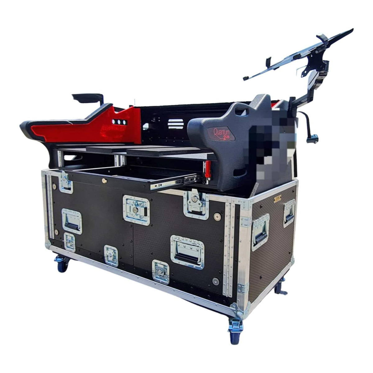 ProX Digico Q225 Quantum 225 Flip-Ready Hydraulic Console Easy Retracting Lifting Flight Case with 2U Rack and wheels.