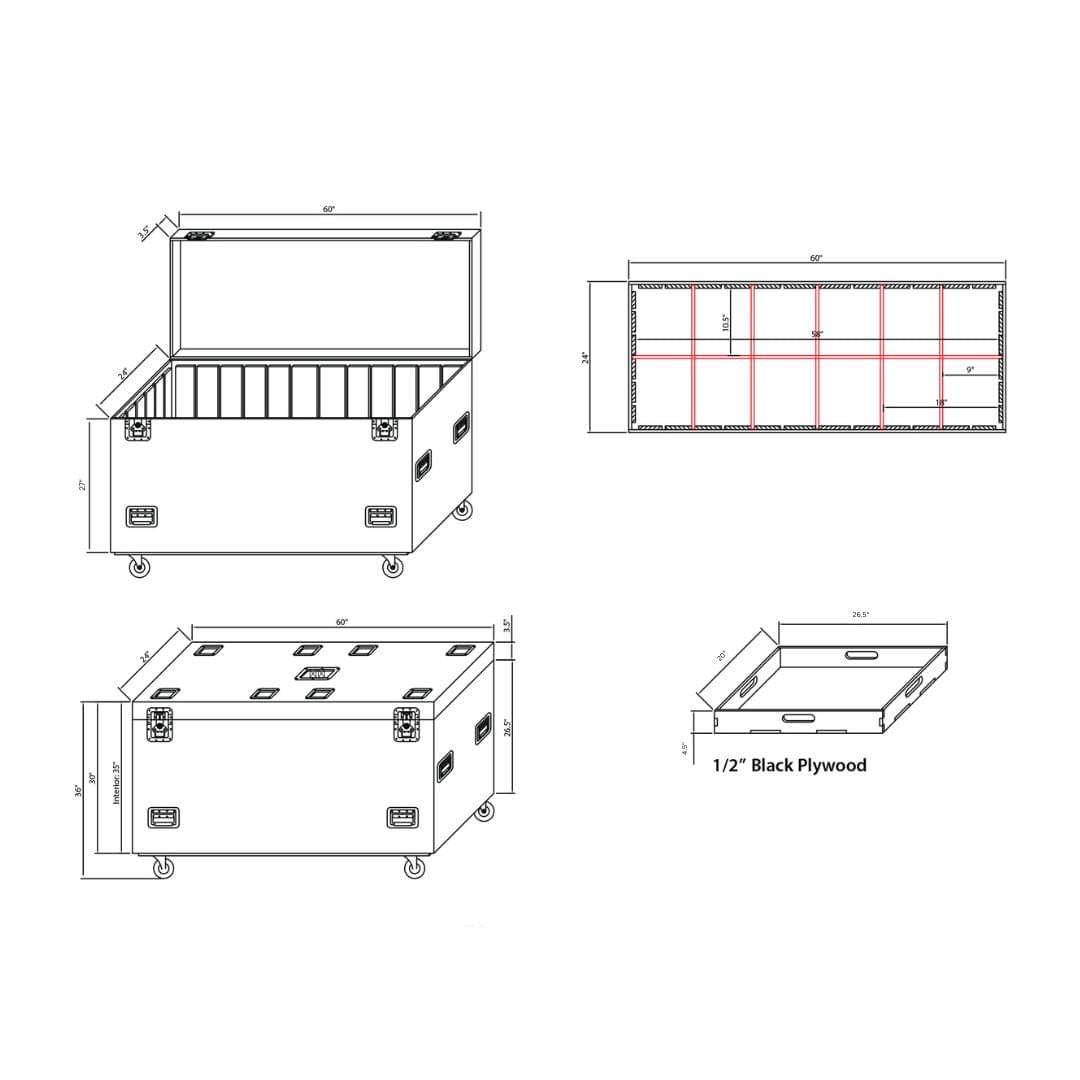 ProX TruckPax Utility ATA Flight Case Truck Storage Road Case with Dividers Tray and 4" in casters – 24"x60"x36" Ext.