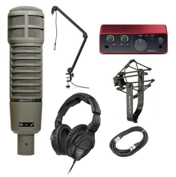 Electro-Voice RE20 Voice Over Bundle with dynamic microphone, boom mic stand and audio interface