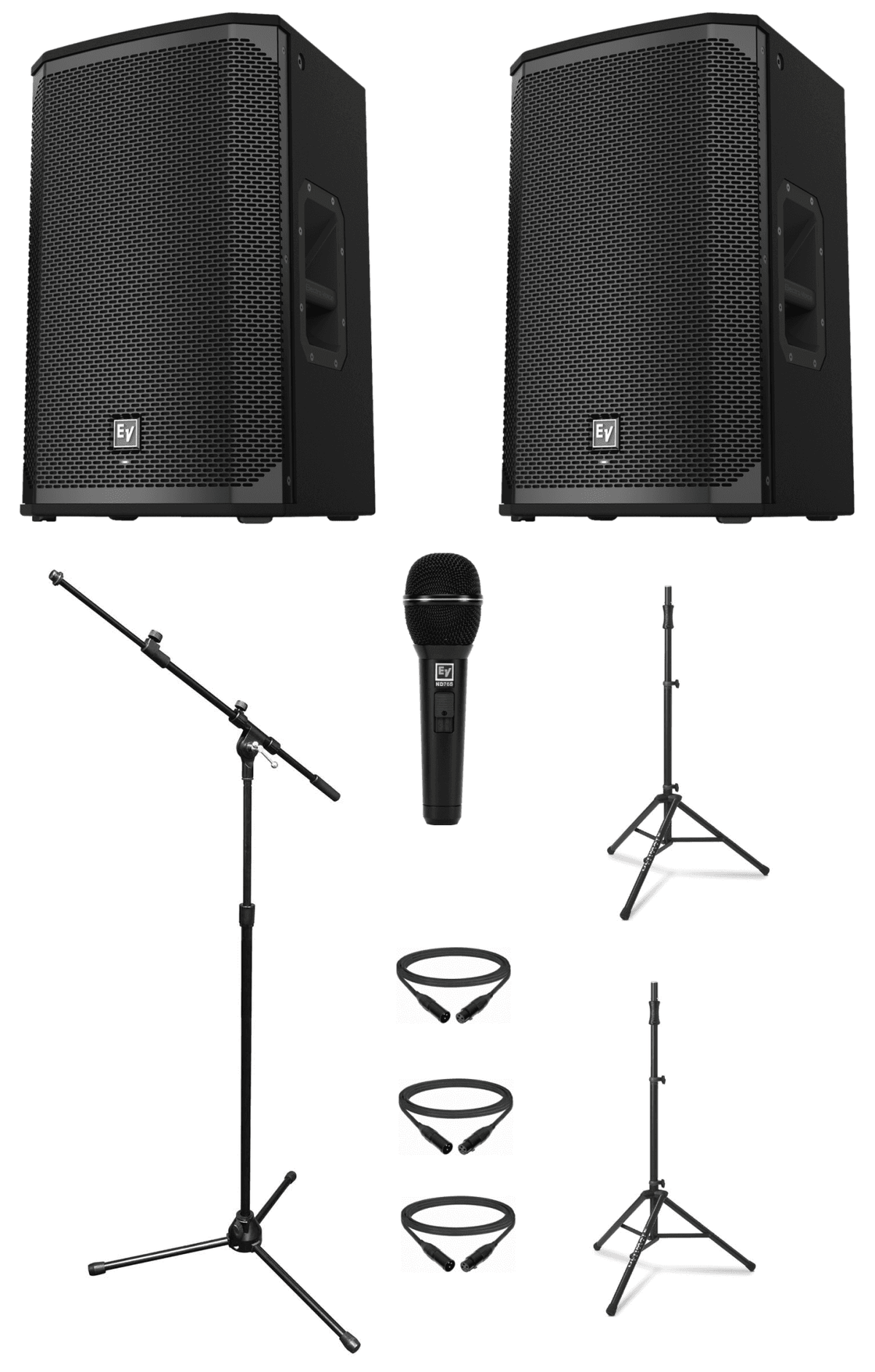 Electro-Voice Dual EKX-12P Bundle 3 with 2 EKX-12P speakers, ND765 mic, mic stand, 2 speaker stands and cables
