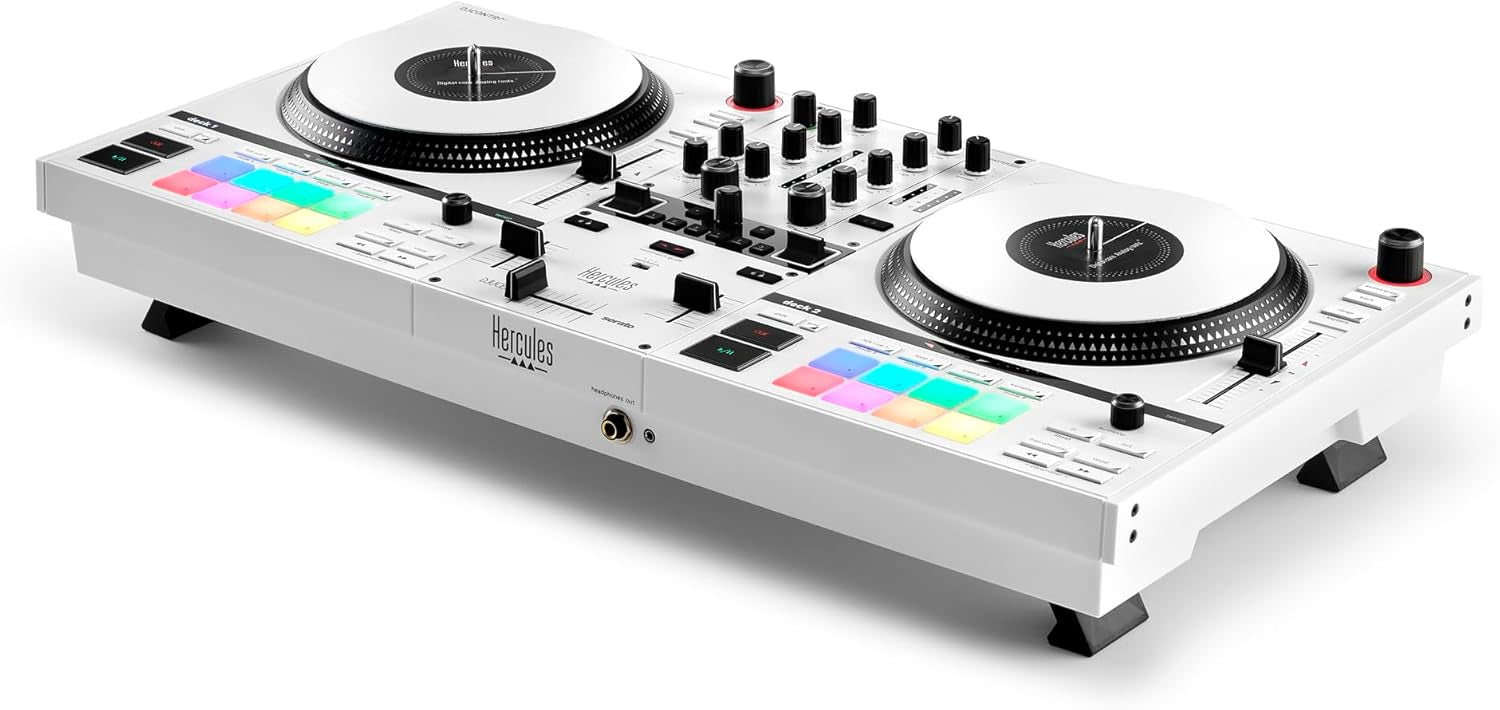 Hercules DJ Control Inpulse T7 (White) - 2-Channel DJ Controller for Serato & Djuced with 7" spinning platters (White, Limited Edition)