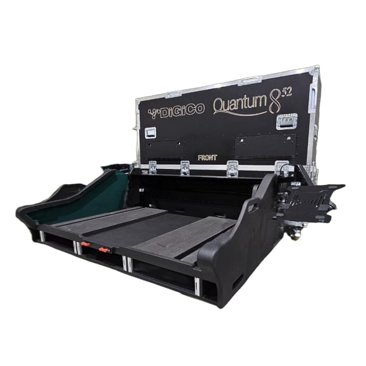ProX Digico Quantum 852 Flip-Ready Hydraulic Console Easy Retracting Lifting Flight Case with 3x2U Rack and wheels by Zcase Poland.