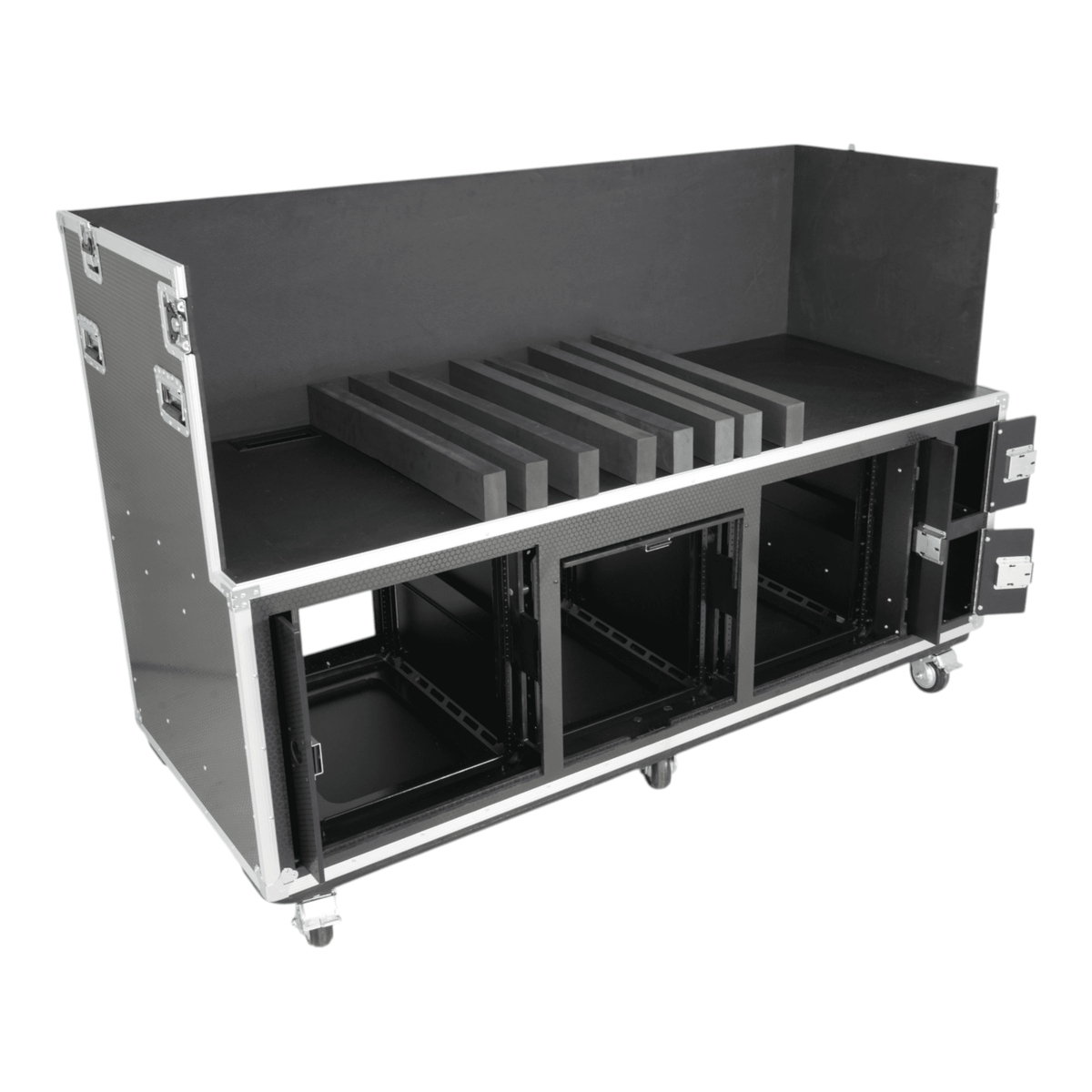 ProX Large Mixing Console Case 3x side by side 2x 12U & 10U Shock Mount Slam Rack.