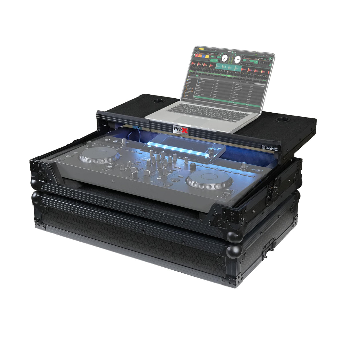 Estuche de Vuelo ProX ATA para Controlador de DJ AlphaTheta XDJ-AN con Bandeja para Portátil y LED RGB Todo Negro
