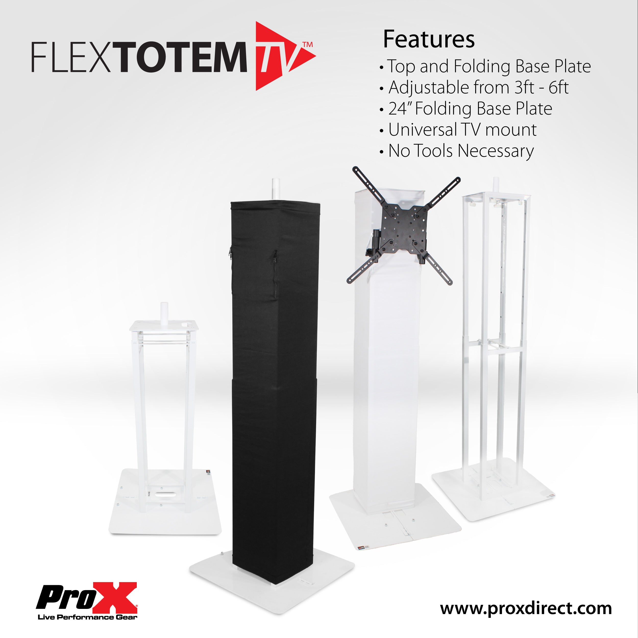 ProX Flex Totem TV - 3ft to 6ft Height Adjustable Totem Stand Incl. TV Mount, Foldable Base Plate and Speaker Stud