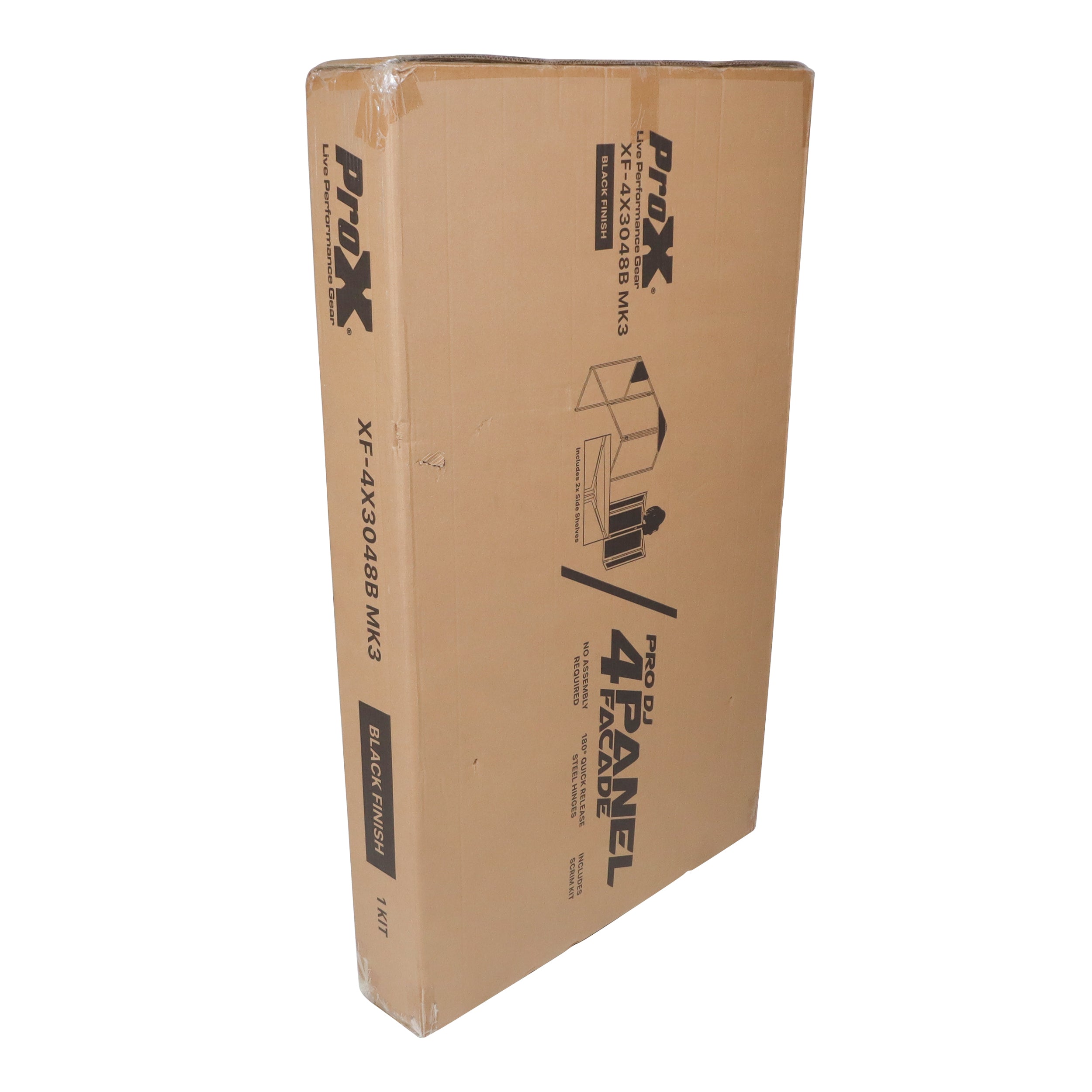 ProX Four Panel Party Black Frame Collapse and Go DJ Facade, Two Side corner Shelves, Carry Bag, 4xBlack and 4xWhite Scrims