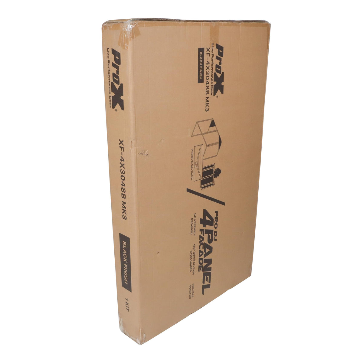 ProX Four Panel Party Black Frame Collapse and Go DJ Facade, Two Side corner Shelves, Carry Bag, 4xBlack and 4xWhite Scrims.