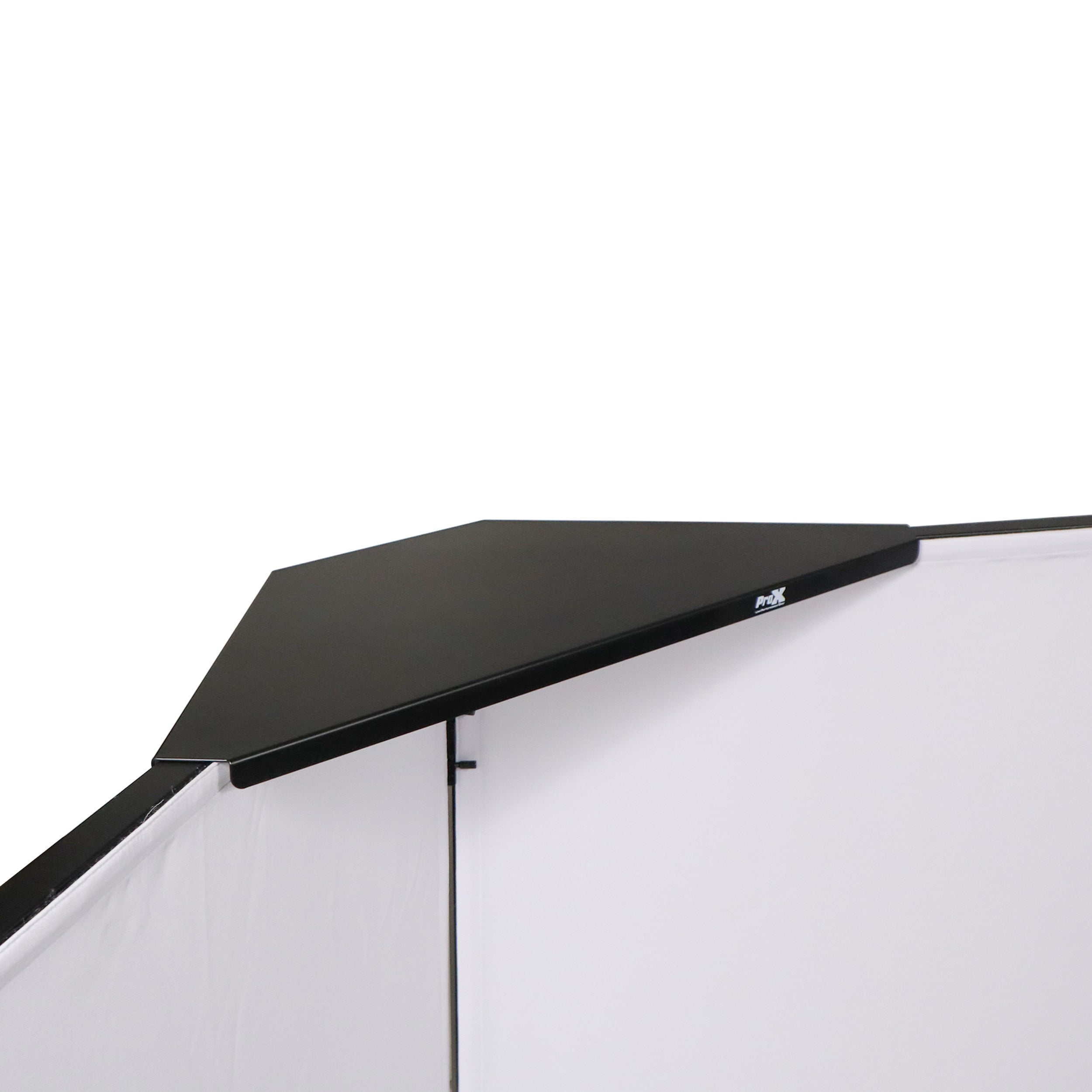 ProX Four Panel Party Black Frame Collapse and Go DJ Facade, Two Side corner Shelves, Carry Bag, 4xBlack and 4xWhite Scrims