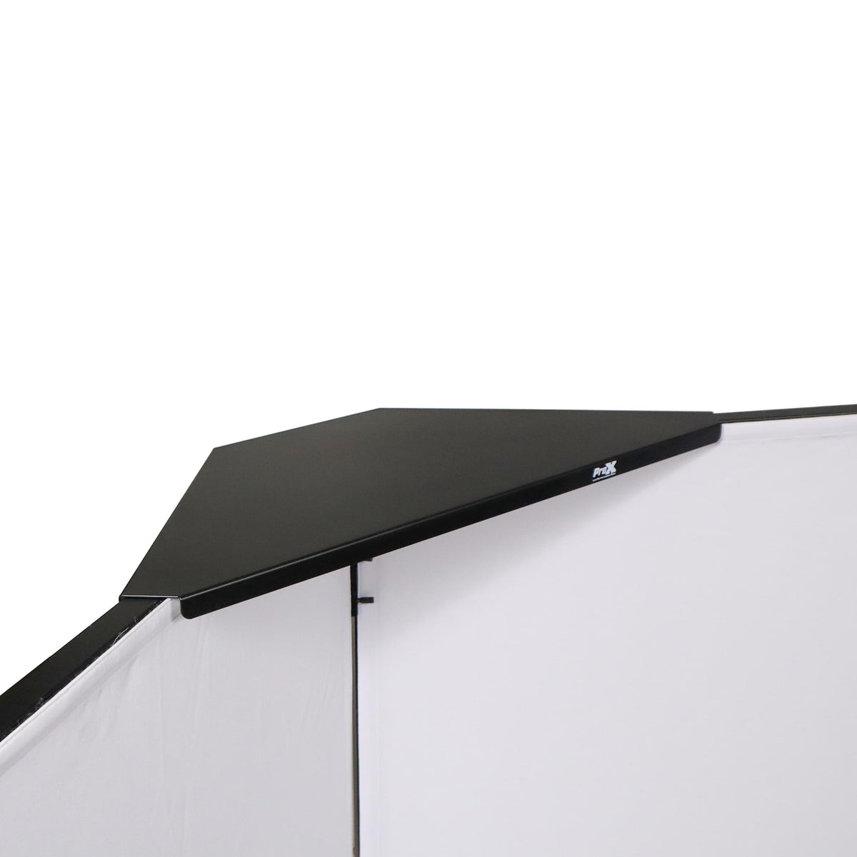 ProX Four Panel Party Black Frame Collapse and Go DJ Facade, Two Side corner Shelves, Carry Bag, 4xBlack and 4xWhite Scrims.