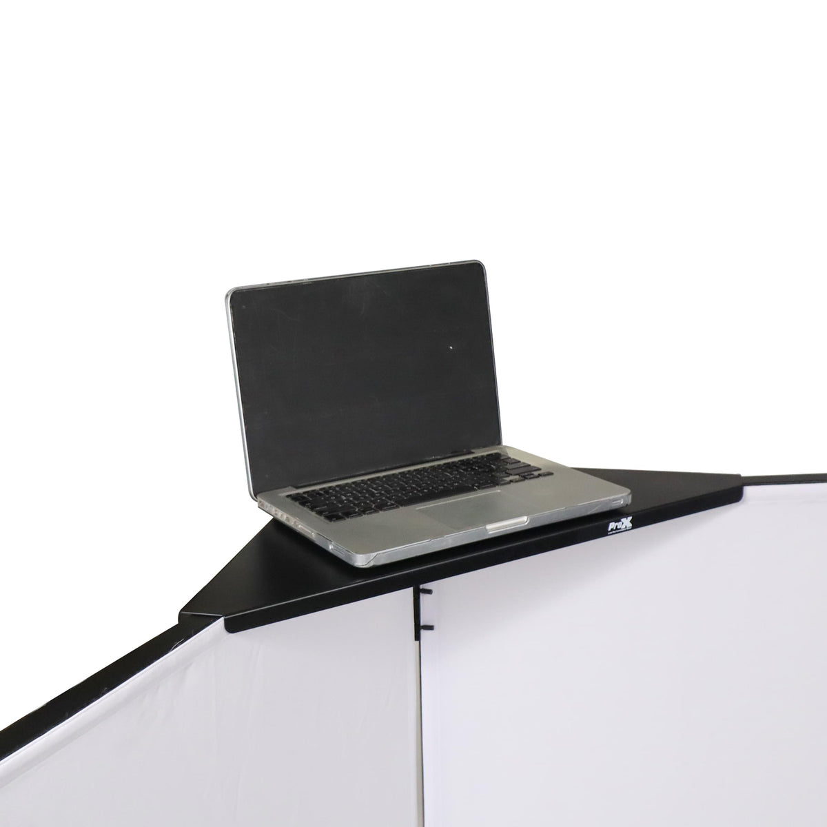 ProX Four Panel Party Black Frame Collapse and Go DJ Facade, Two Side corner Shelves, Carry Bag, 4xBlack and 4xWhite Scrims.