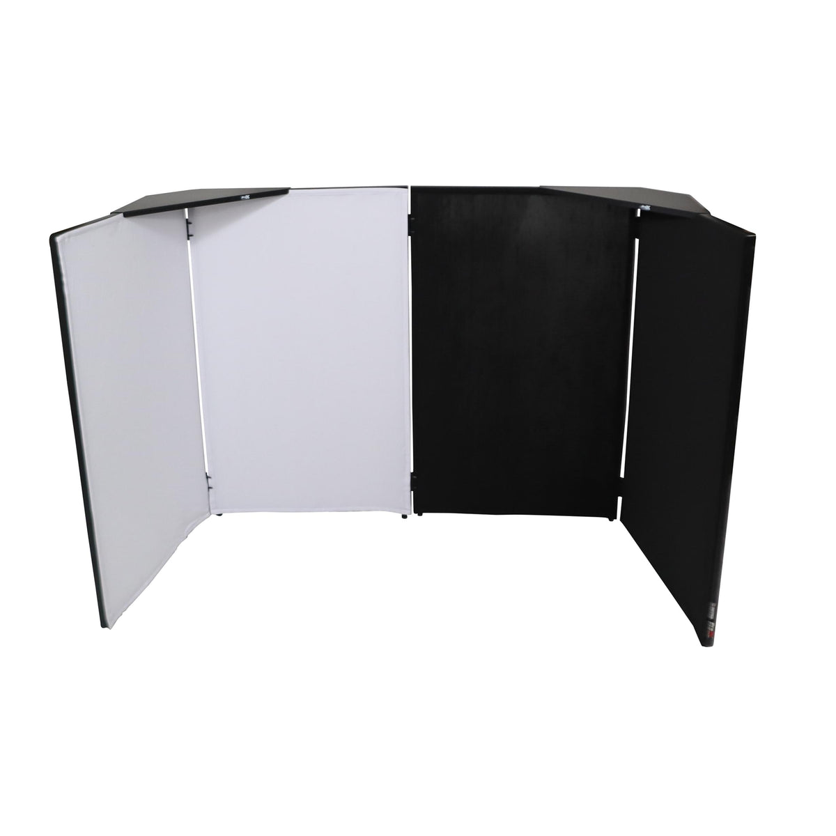 ProX Four Panel Party Black Frame Collapse and Go DJ Facade, Two Side corner Shelves, Carry Bag, 4xBlack and 4xWhite Scrims.
