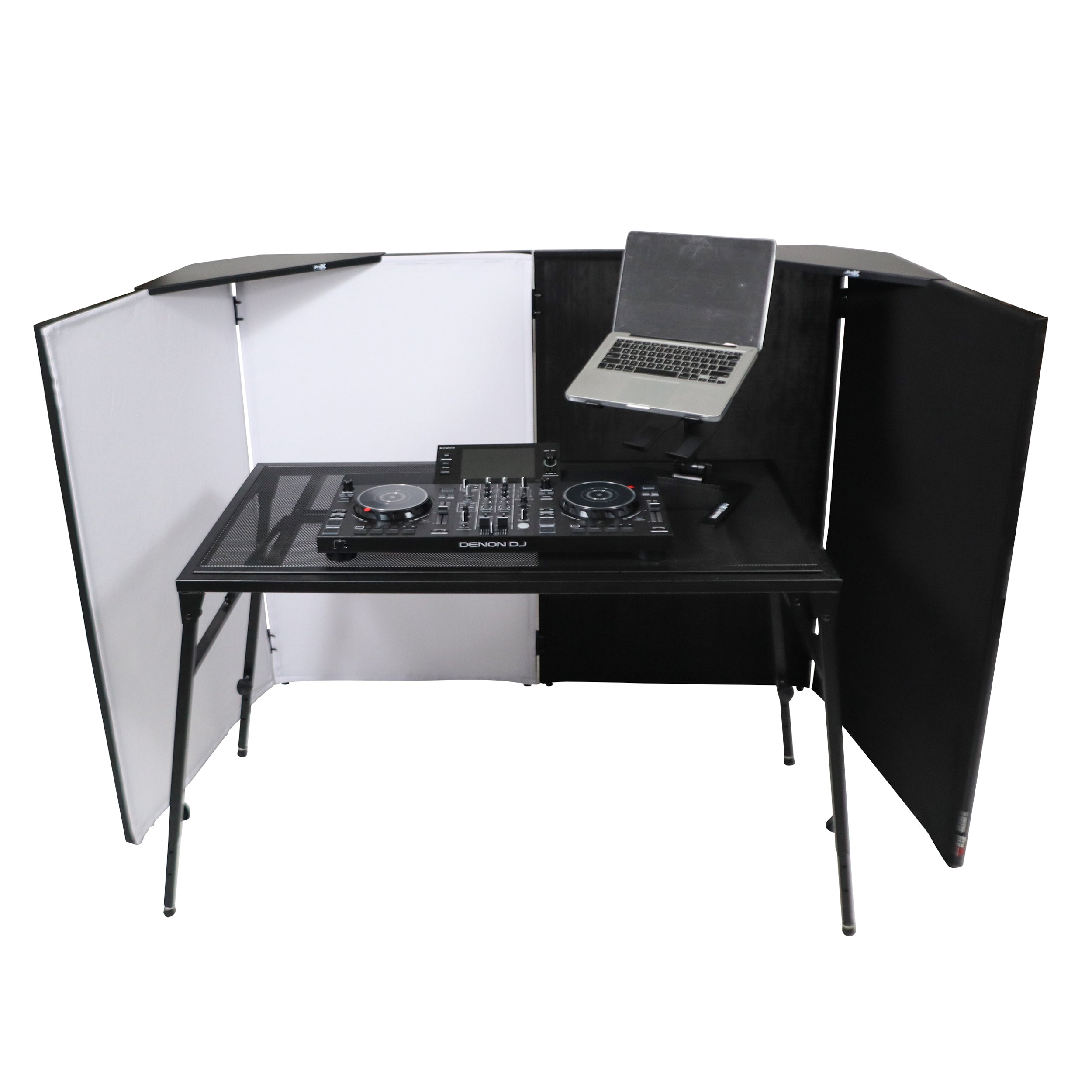 ProX Four Panel Party Black Frame Collapse and Go DJ Facade, Two Side corner Shelves, Carry Bag, 4xBlack and 4xWhite Scrims.