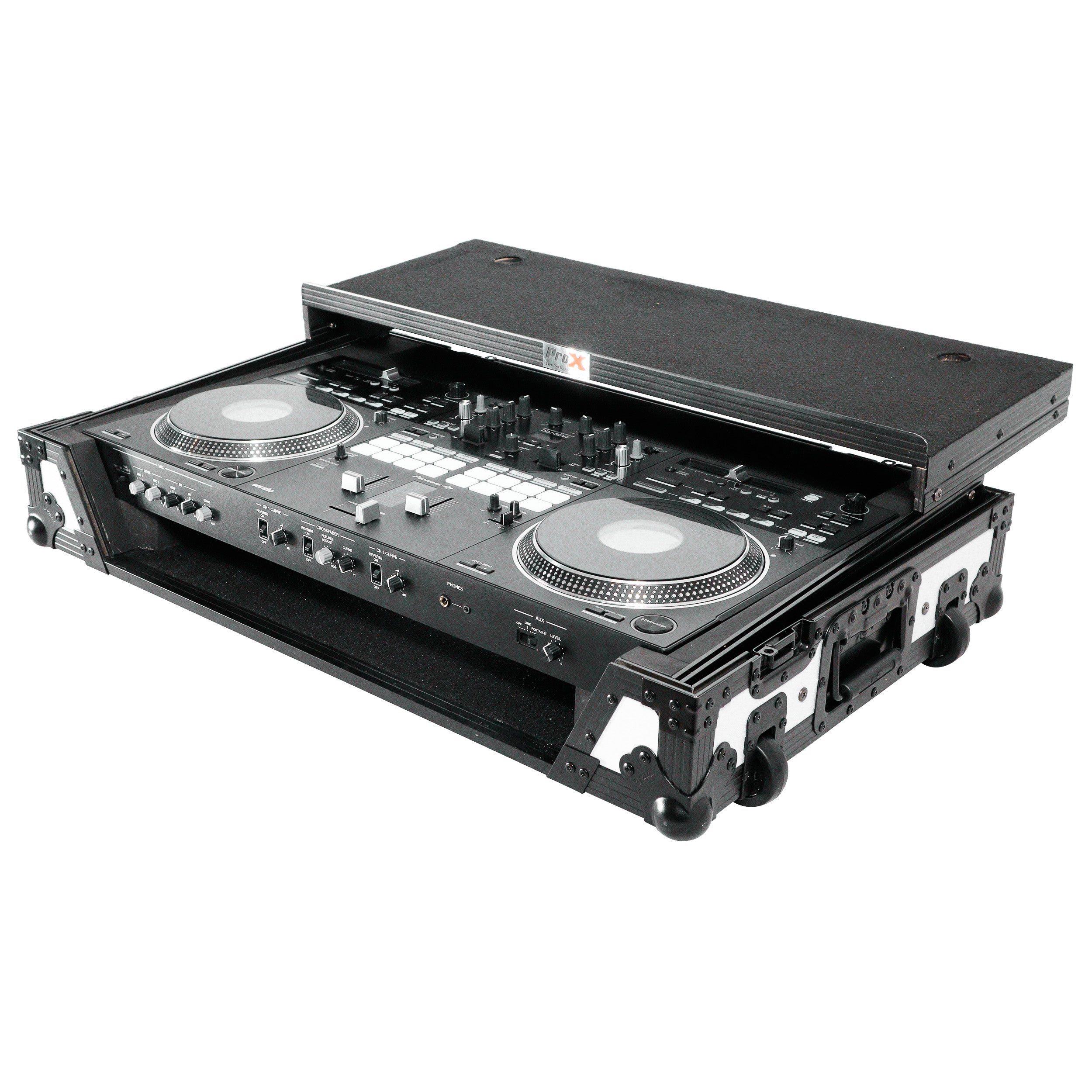 ProX ATA Flight Case for Pioneer DDJ-REV7 DJ Controller with Laptop Shelf 1U Rack Space and Wheels - White Black