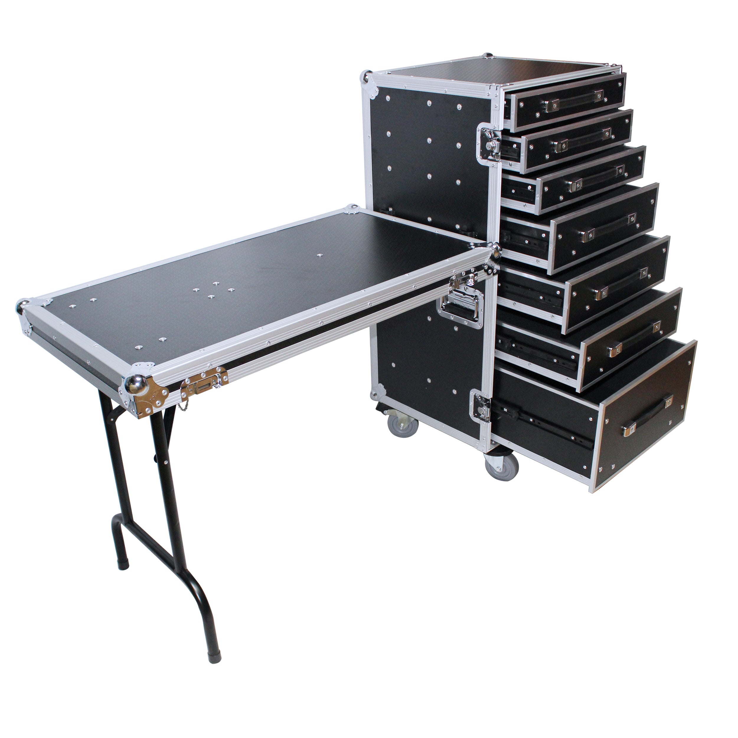 ProX 7 Utility Drawer ATA Flight Style Case with Fold out Left Right Side Mounting Removable Table and 4 inch Casters