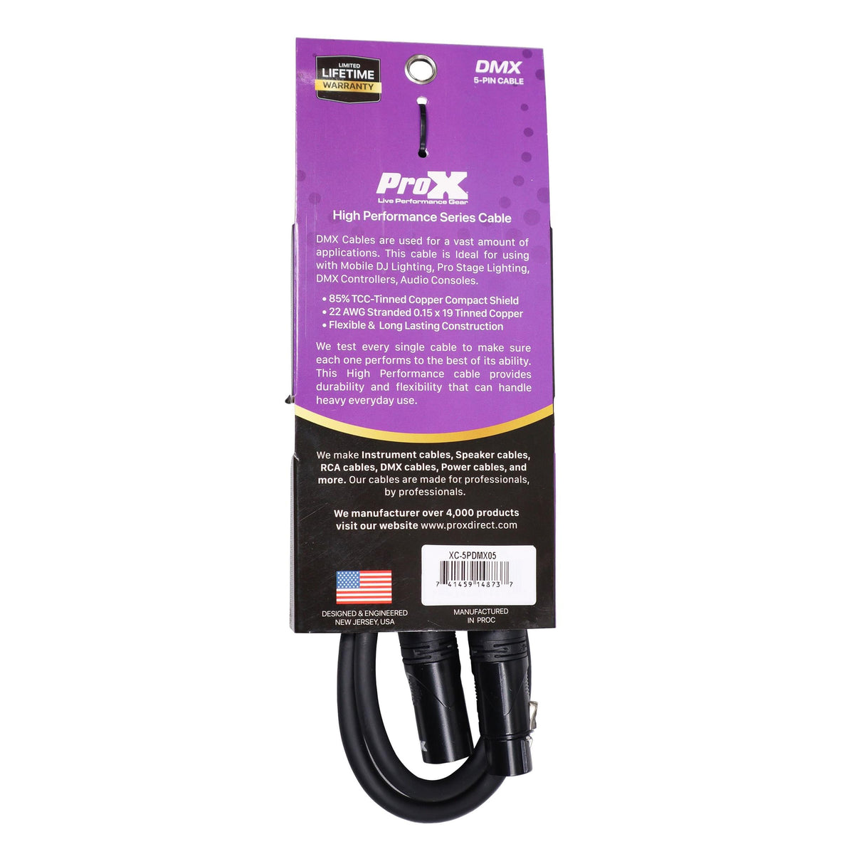 ProX 5 Ft. DMX XLR5-M to XLR5-F High Performance 5-PIN Data Cable.