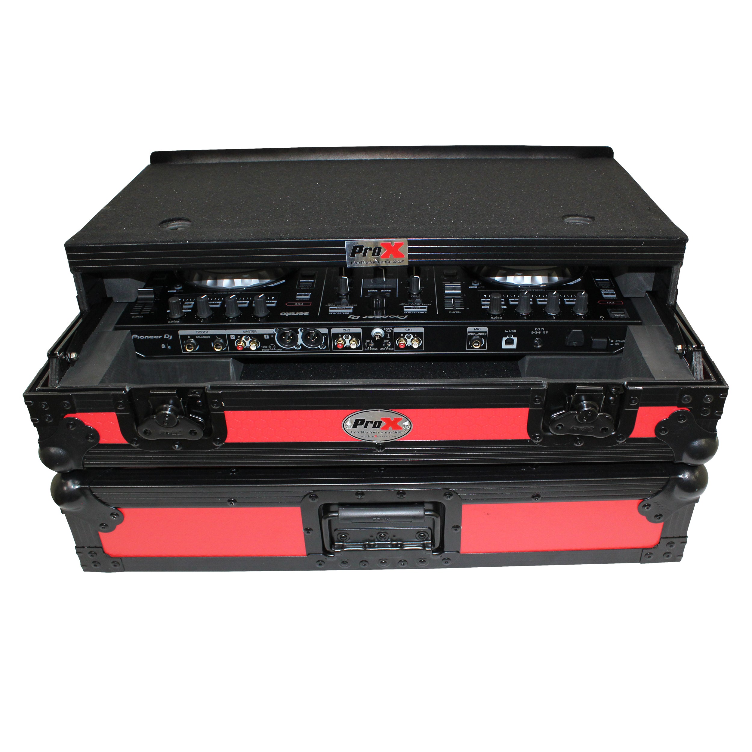 ProX ATA Flight Case For Pioneer DDJ-SR2 DJ Controller with Laptop Shelf and LED - Black Red