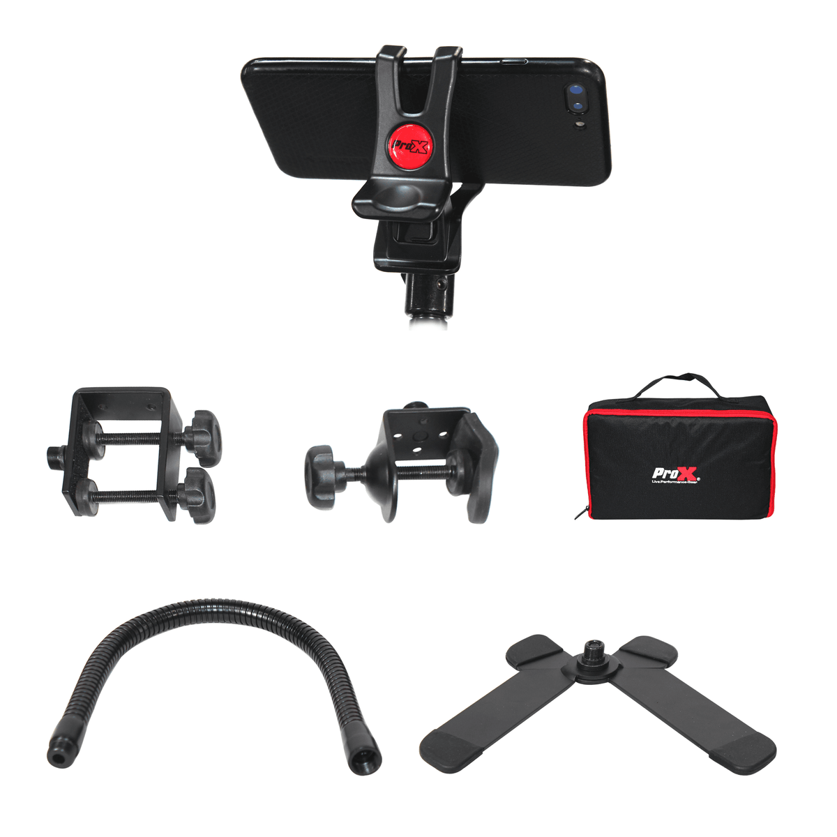 ProX Mobi Buddy Hands Free Mobile Device Clip Kit DJ Cellphone holder Selfie Stick Table Stand Tripod Clamp and Case.