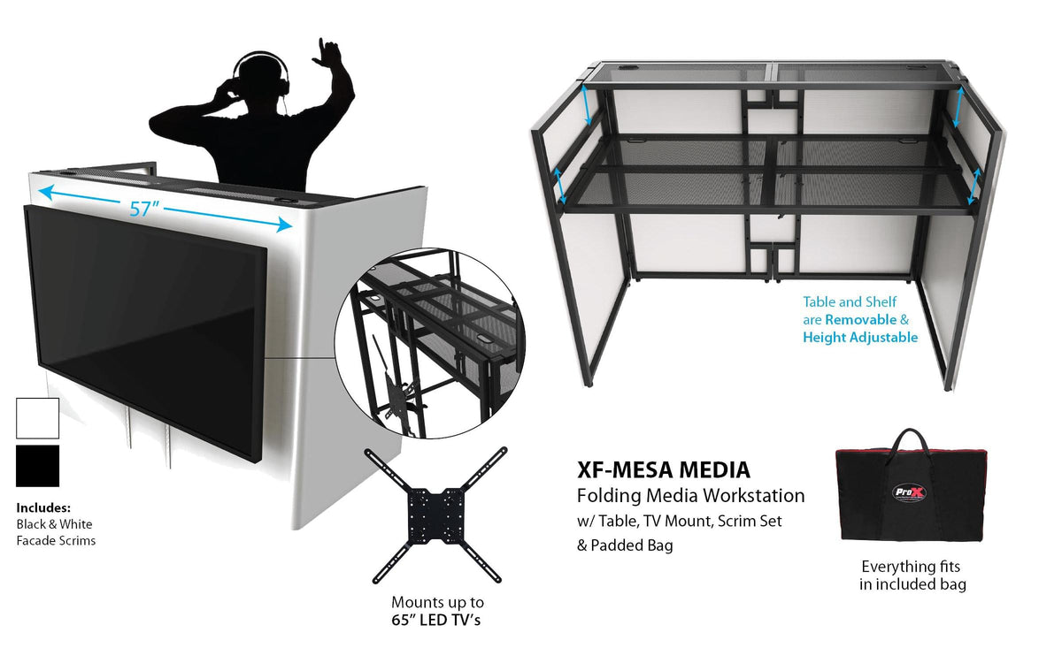 ProX MESA MEDIA MK2 DJ Facade Table Workstation Includes TV Bracket Mount White & Black Scrims and Carry Bag.