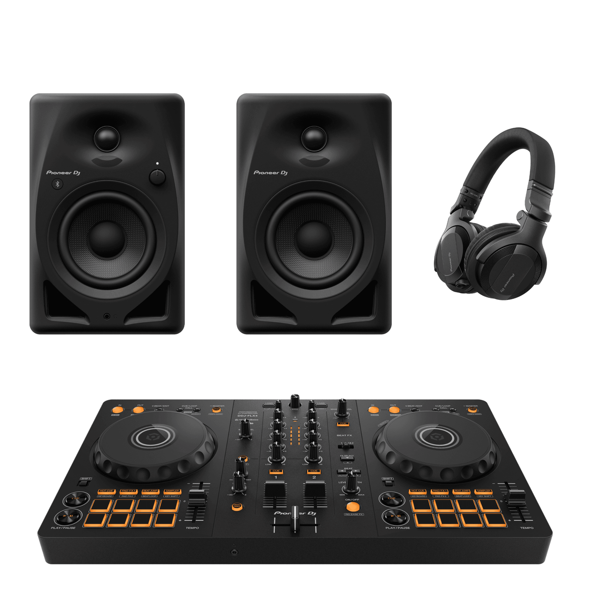 Pioneer DJ DDJ-FLX4 "DJ Starter Bundle" with DM-40D-BT Monitors and HDJ-CUE1 Headphones.