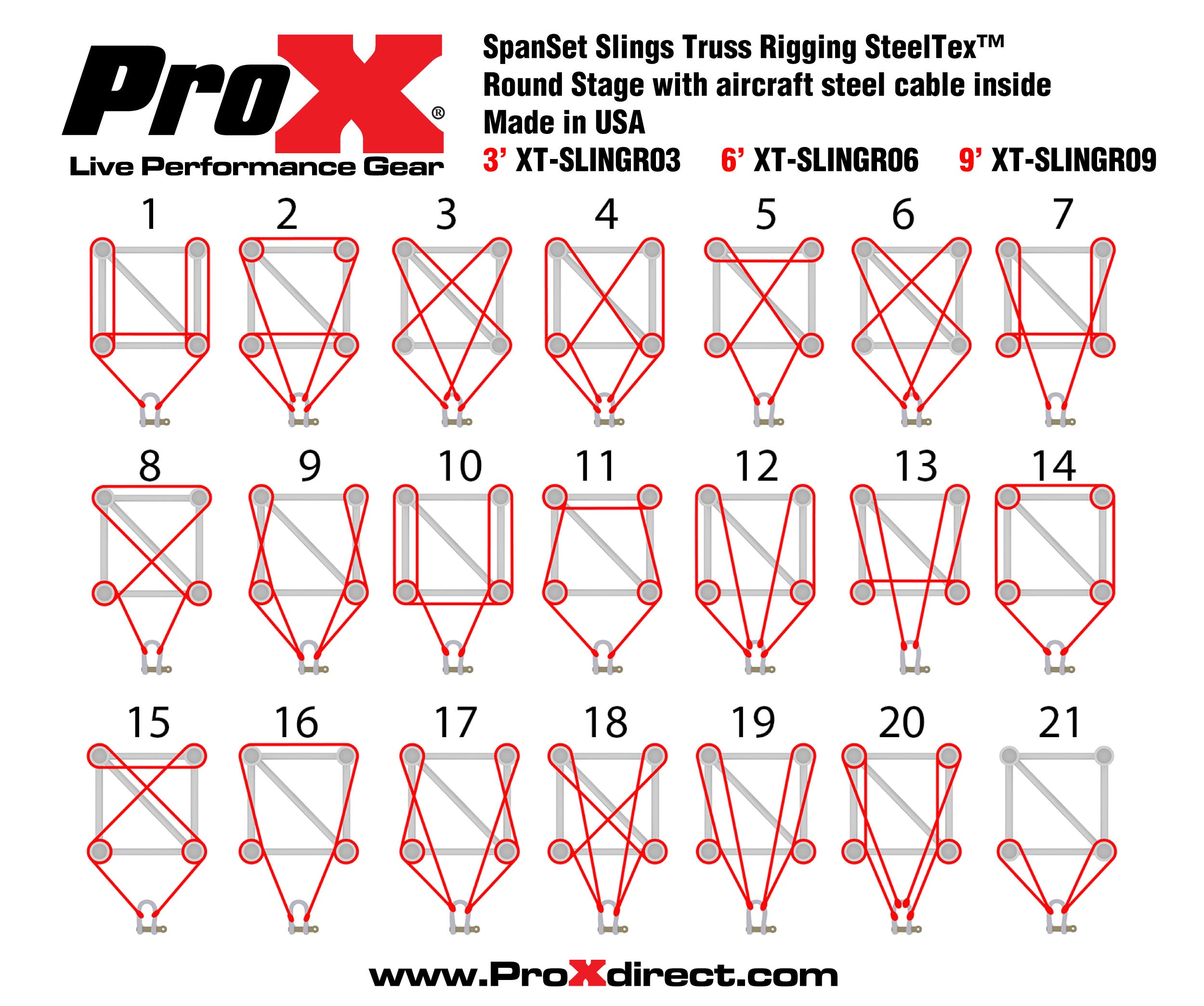 ProX 6ft SpanSet slings truss rigging SteelTex™ Round Stage with aircraft steel cable inside - Made in USA