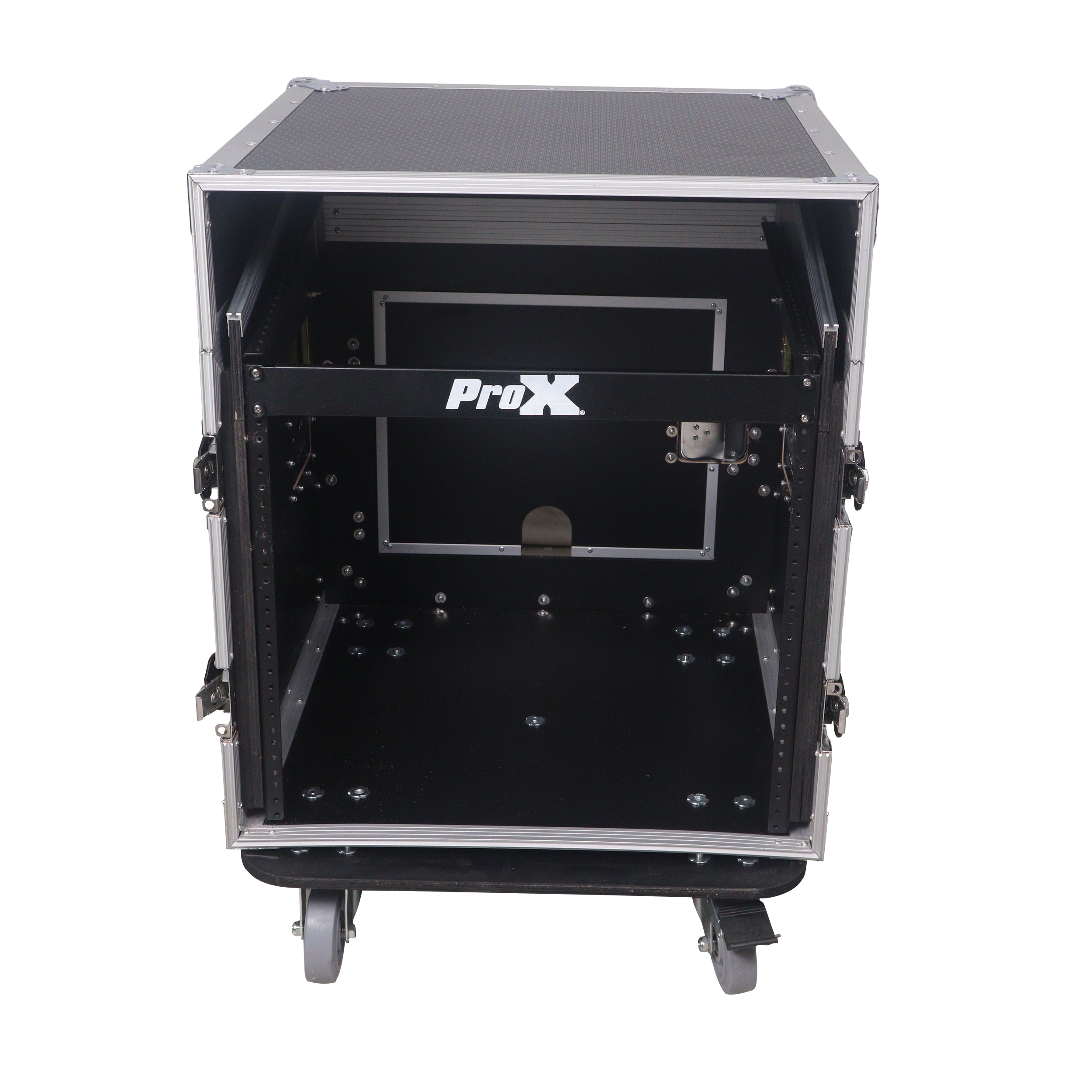 ProX 10U Vertical Rack Mount Flight Case with 10U Top for Mixer Combo Amp Rack with Laptop Shelf and Caster Wheels