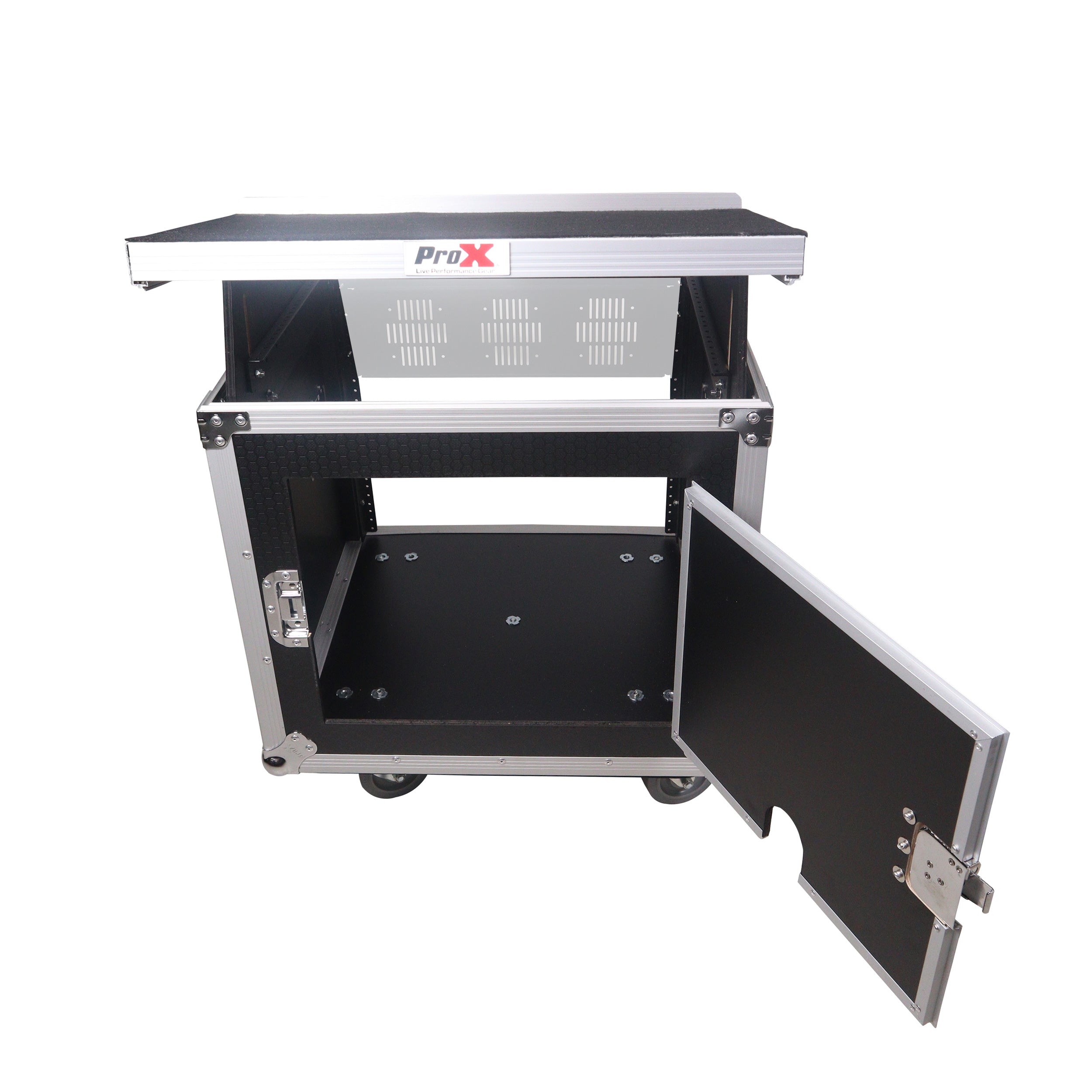 ProX 10U Vertical Rack Mount Flight Case with 10U Top for Mixer Combo Amp Rack with Laptop Shelf and Caster Wheels