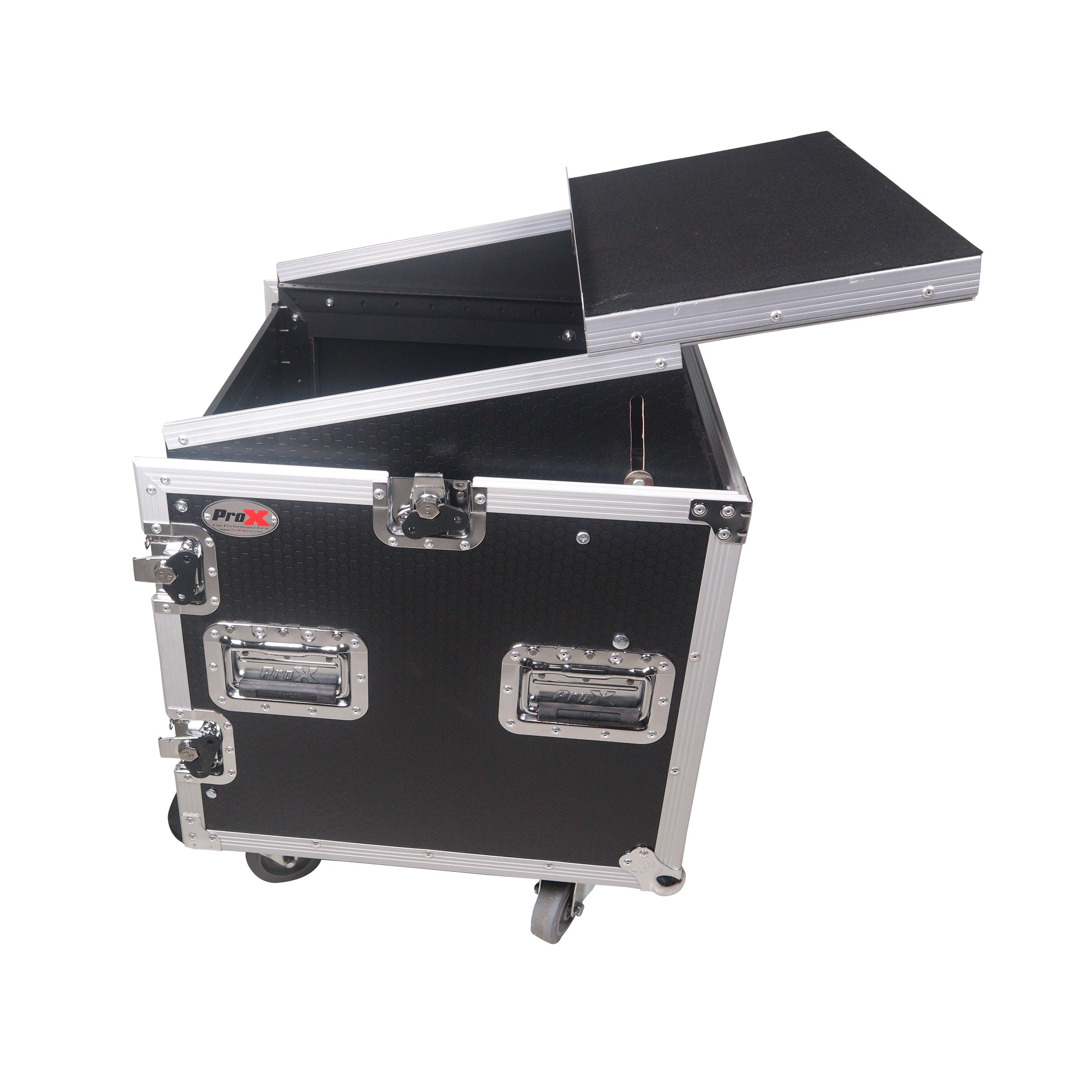 ProX 10U Vertical Rack Mount Flight Case with 10U Top for Mixer Combo Amp Rack with Laptop Shelf and Caster Wheels