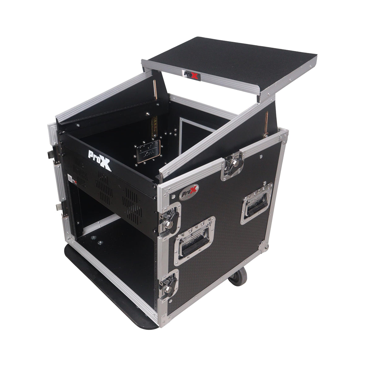 ProX 10U Vertical Rack Mount Flight Case with 10U Top for Mixer Combo Amp Rack with Laptop Shelf and Caster Wheels.