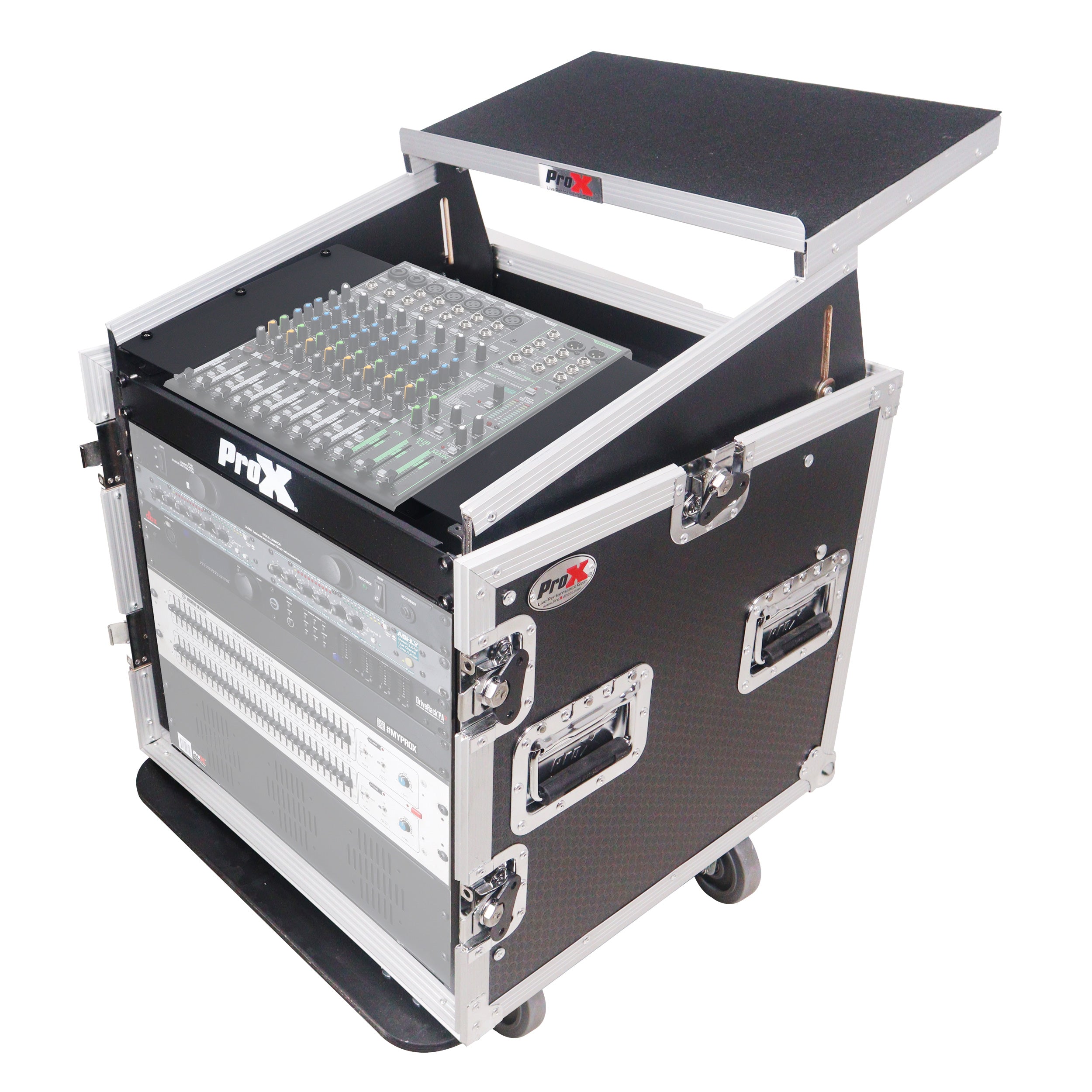 ProX 12U Vertical Rack Mount Flight Case with 10U Top for Mixer Combo Amp Rack with Laptop Shelf and Caster Wheels