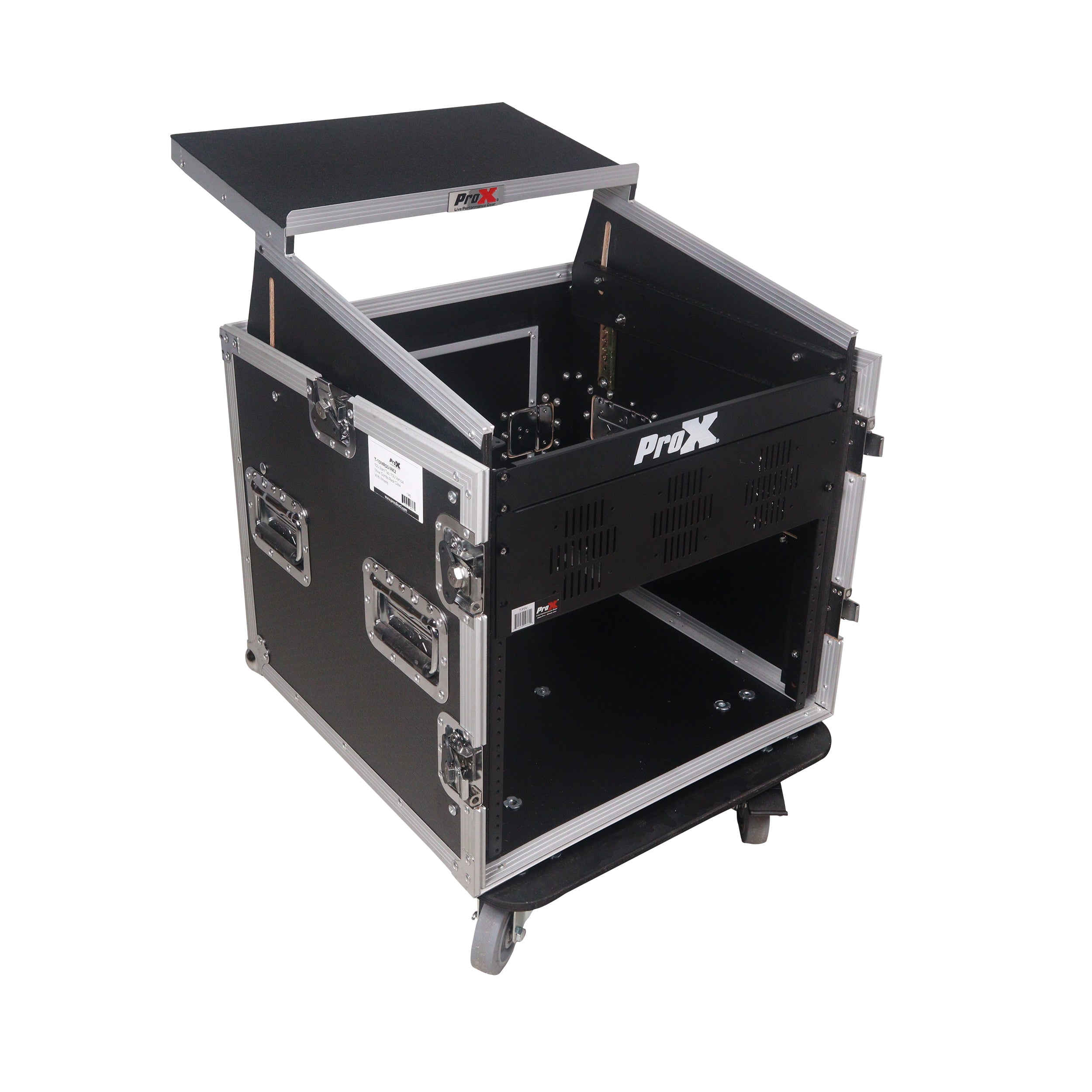 ProX 12U Vertical Rack Mount Flight Case with 10U Top for Mixer Combo Amp Rack with Laptop Shelf and Caster Wheels