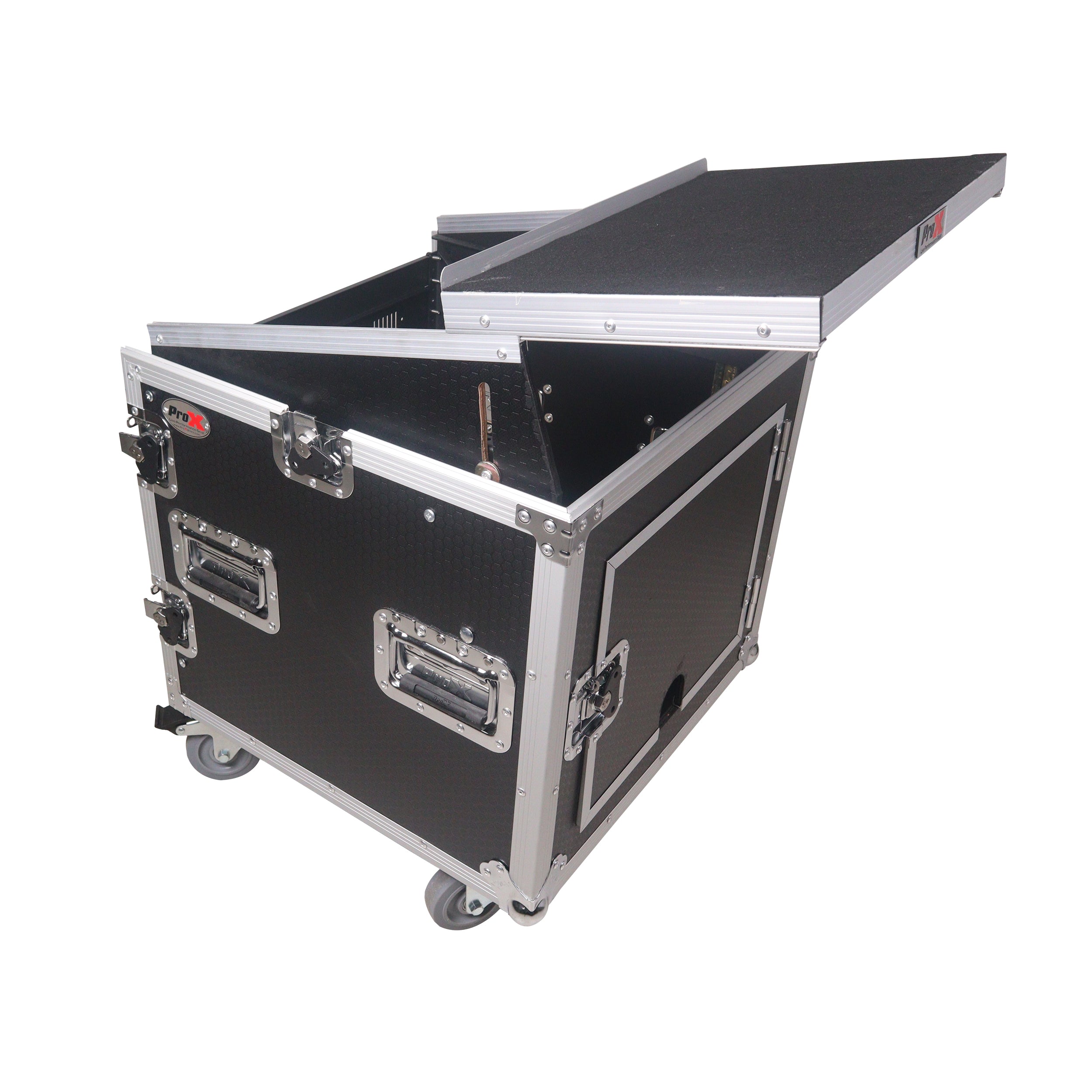 ProX 12U Vertical Rack Mount Flight Case with 10U Top for Mixer Combo Amp Rack with Laptop Shelf and Caster Wheels