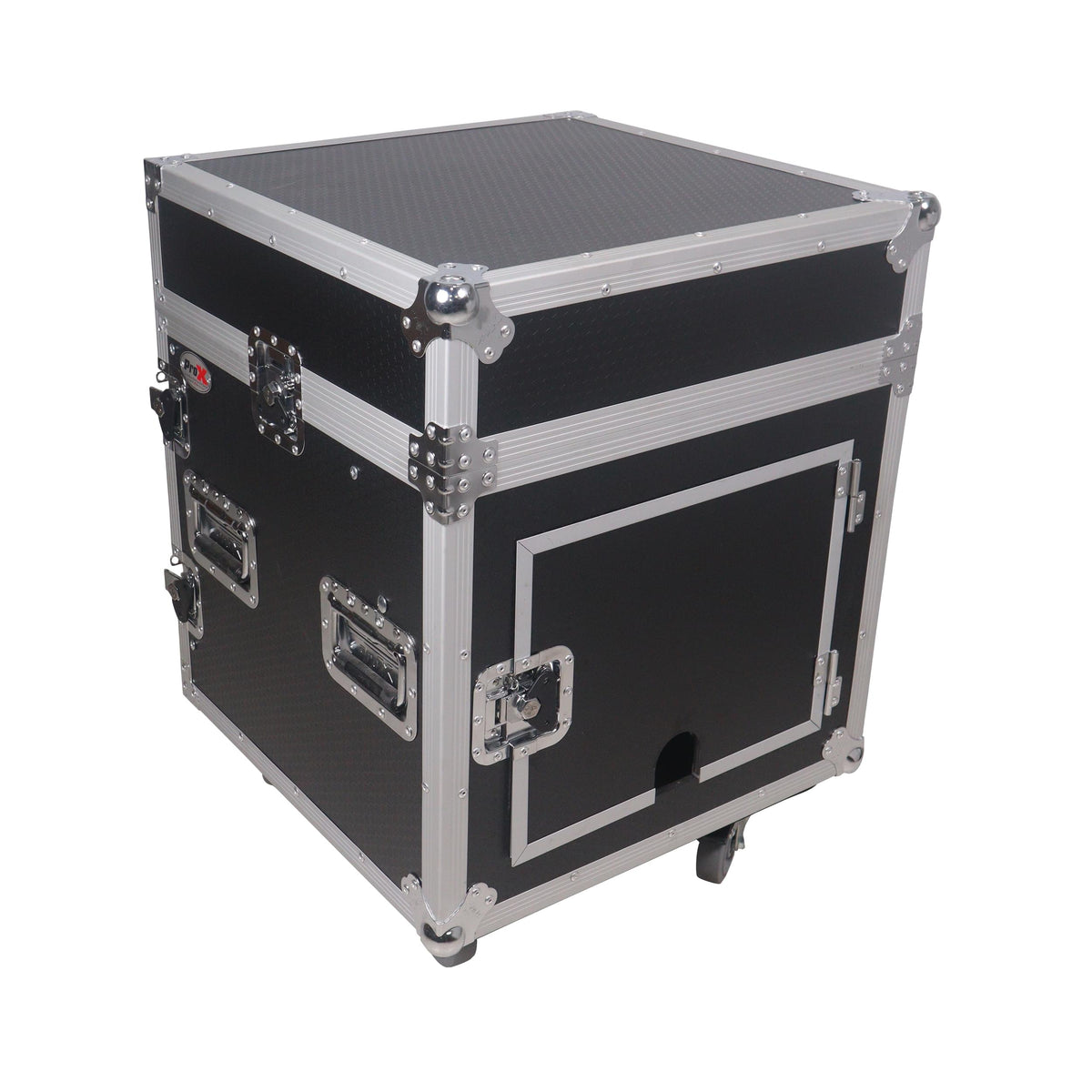 ProX 12U Vertical Rack Mount Flight Case with 10U Top for Mixer Combo Amp Rack with Laptop Shelf and Caster Wheels.