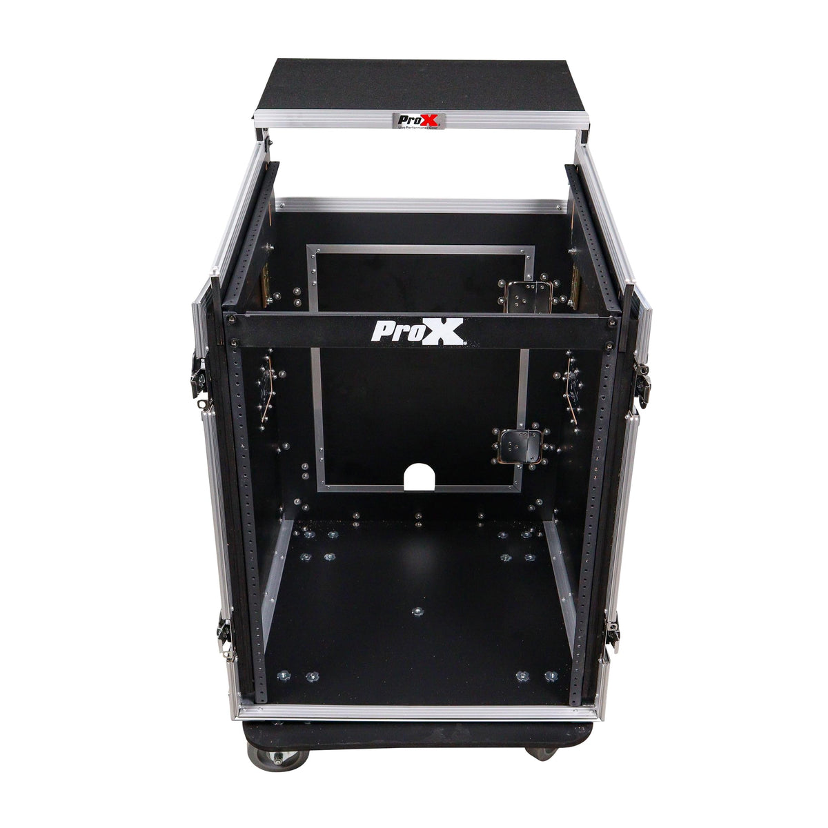 ProX 14U Vertical Rack Mount Flight Case with 10U Top for Mixer Combo Amp Rack with Laptop Shelf and Caster Wheels.