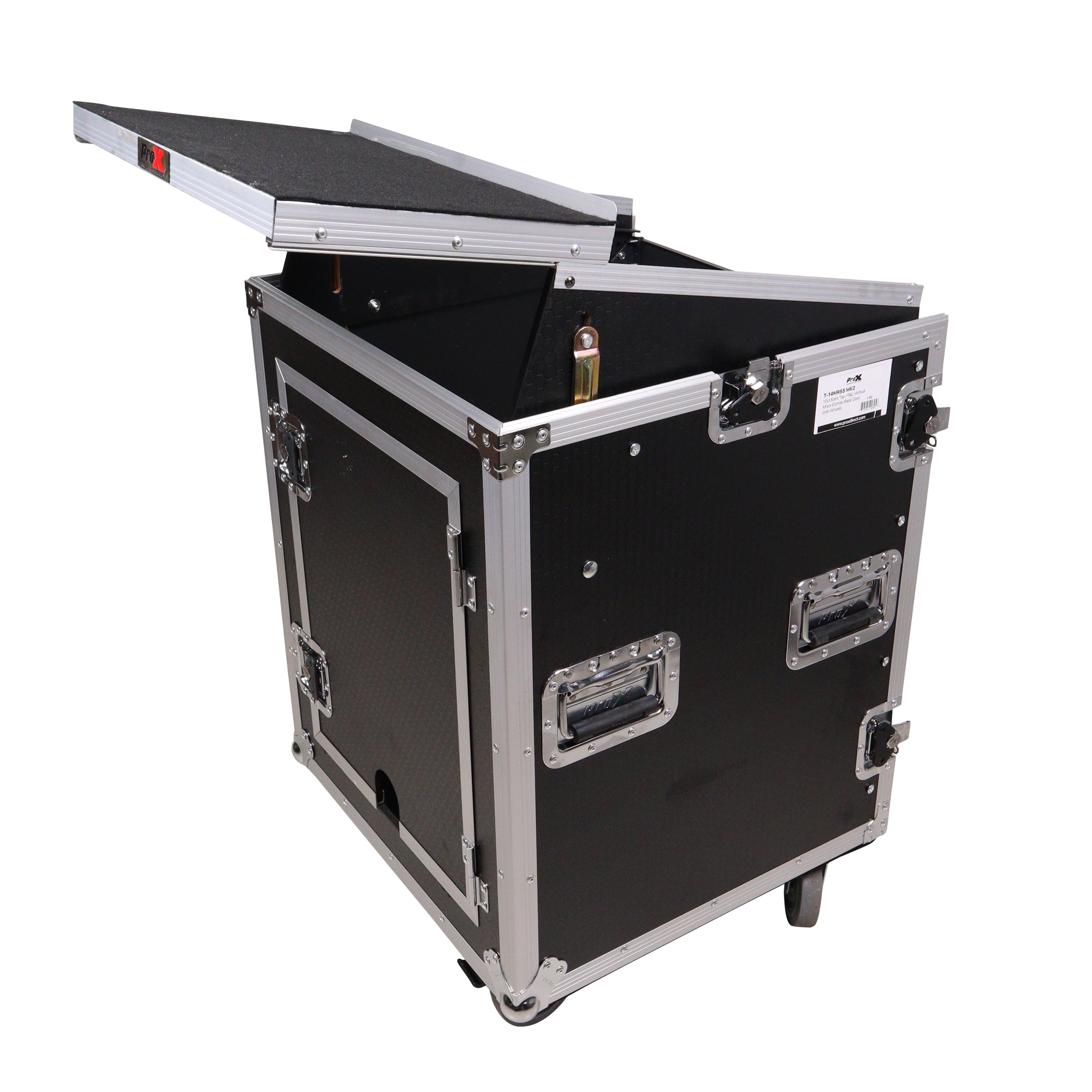 ProX 14U Vertical Rack Mount Flight Case with 10U Top for Mixer Combo Amp Rack with Laptop Shelf and Caster Wheels