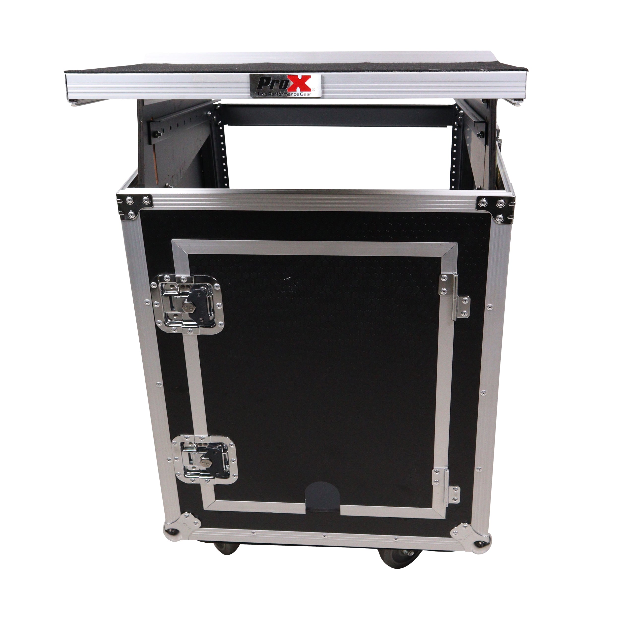 ProX 14U Vertical Rack Mount Flight Case with 10U Top for Mixer Combo Amp Rack with Laptop Shelf and Caster Wheels