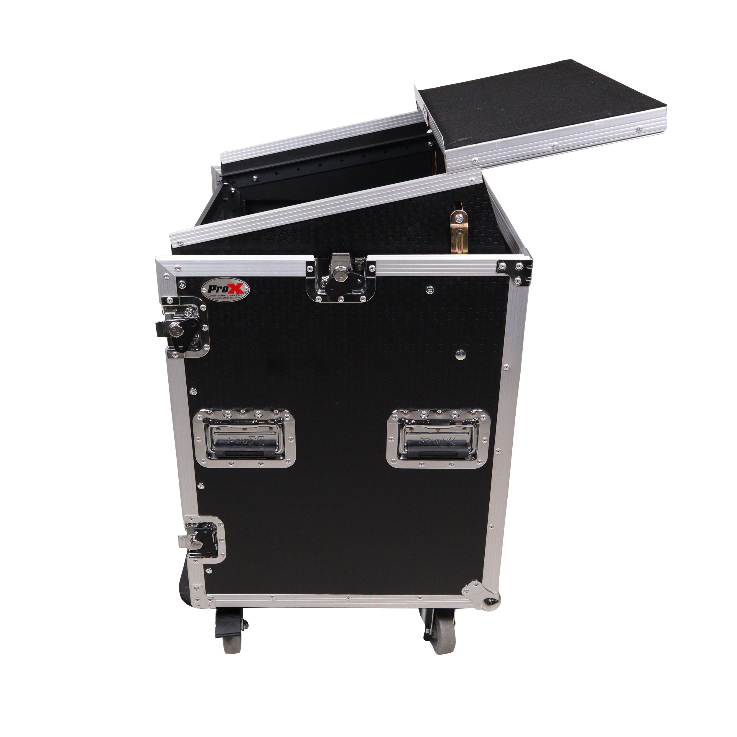 ProX 14U Vertical Rack Mount Flight Case with 10U Top for Mixer Combo Amp Rack with Laptop Shelf and Caster Wheels