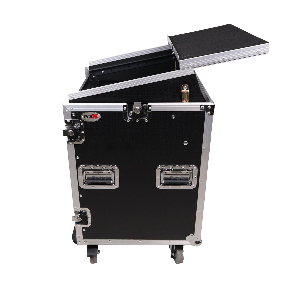 ProX 14U Vertical Rack Mount Flight Case with 10U Top for Mixer Combo Amp Rack with Laptop Shelf and Caster Wheels.