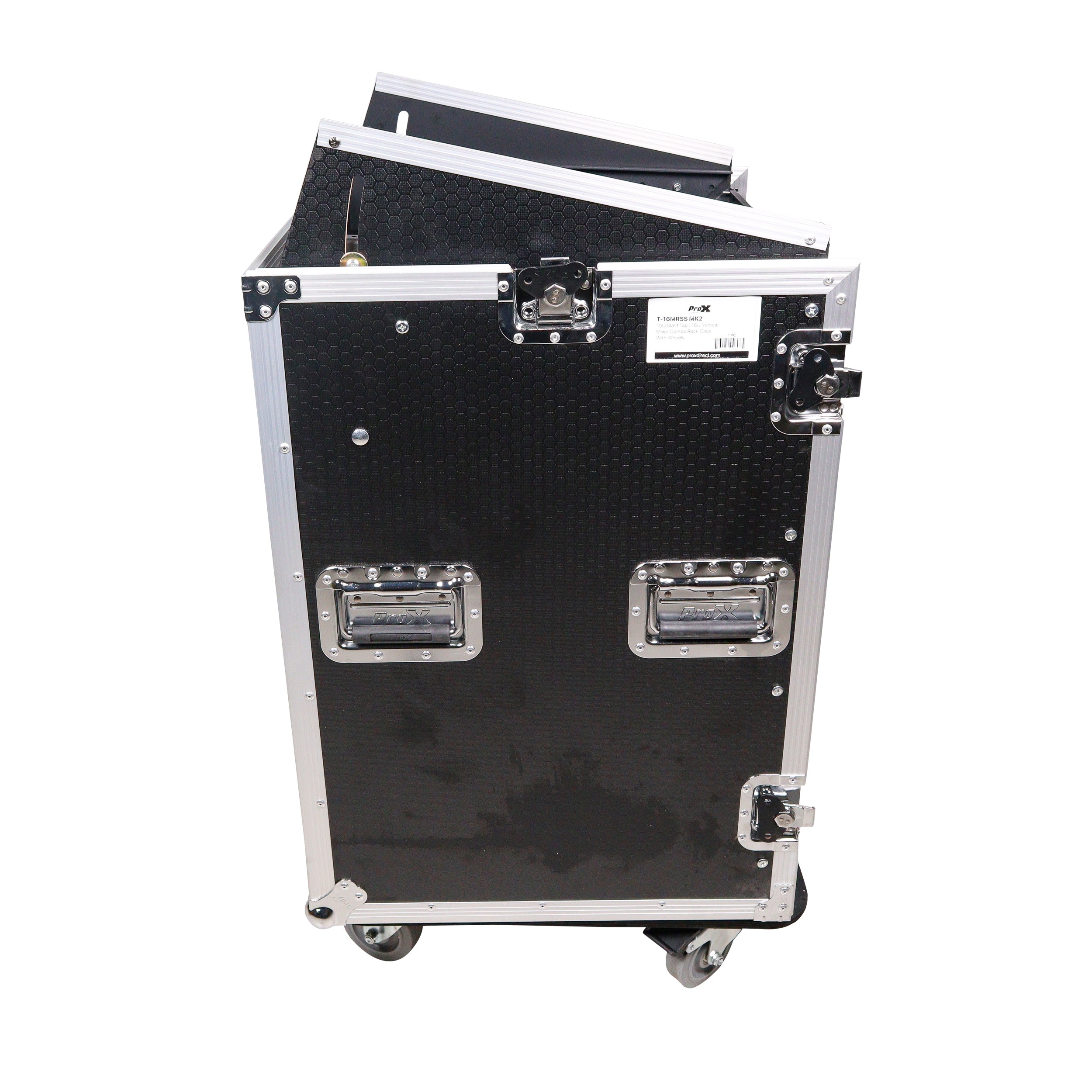 ProX 16U Vertical Rack Mount Flight Case with 10U Top for Mixer Combo Amp Rack with Laptop Shelf and Caster Wheels