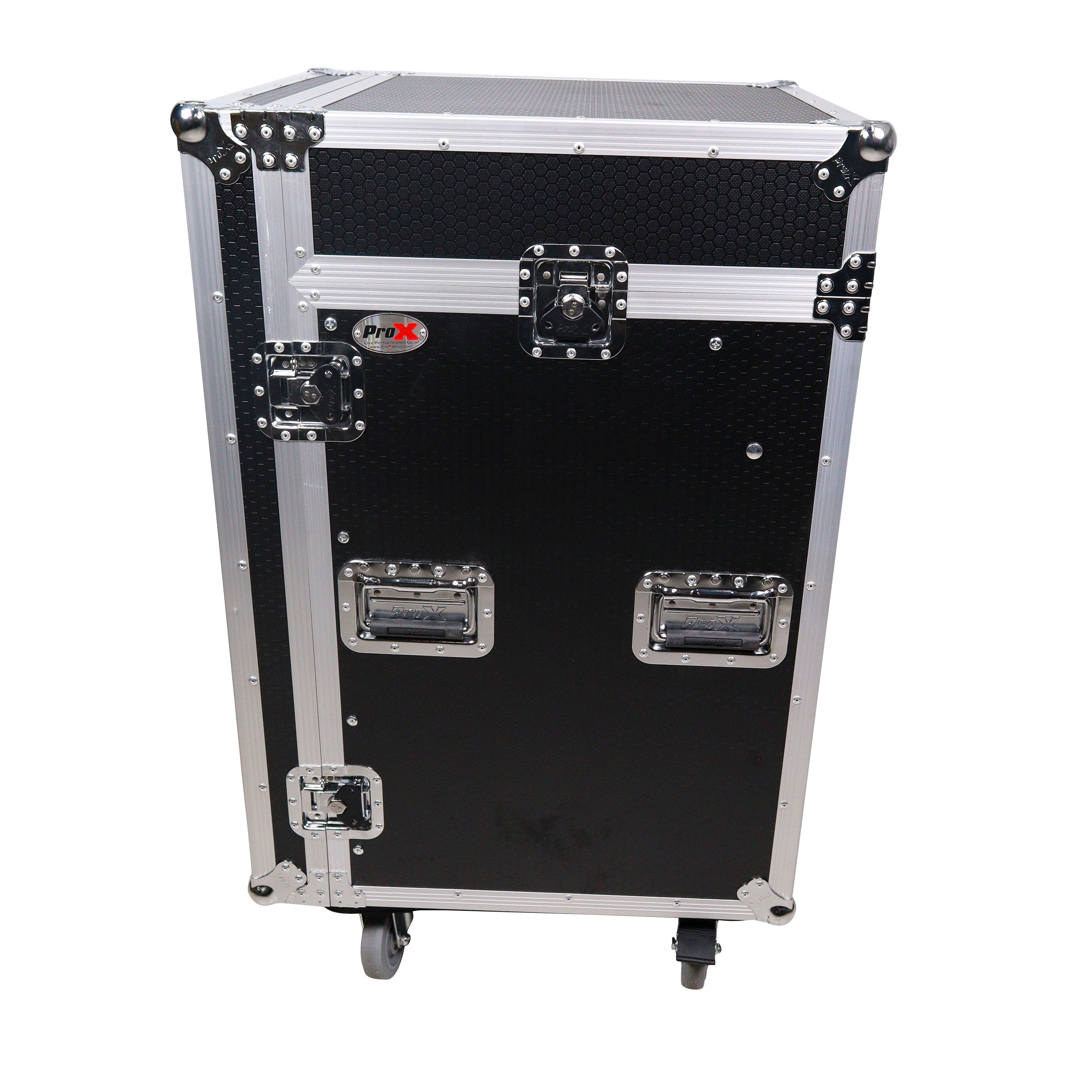 ProX 16U Vertical Rack Mount Flight Case with 10U Top for Mixer Combo Amp Rack with Laptop Shelf and Caster Wheels