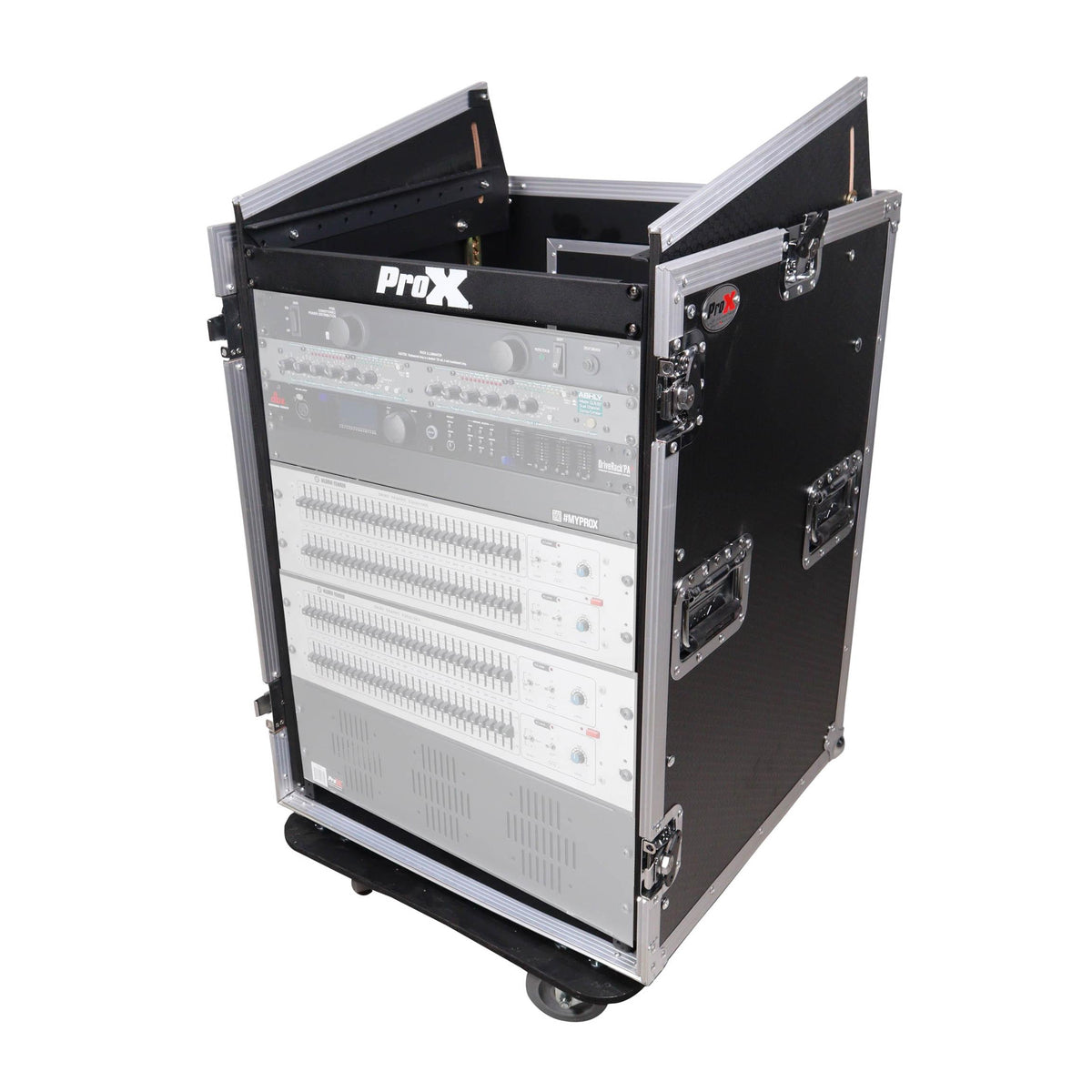ProX 16U Vertical Rack Mount Flight Case with 10U Top for Mixer Combo Amp Rack with Caster Wheels.