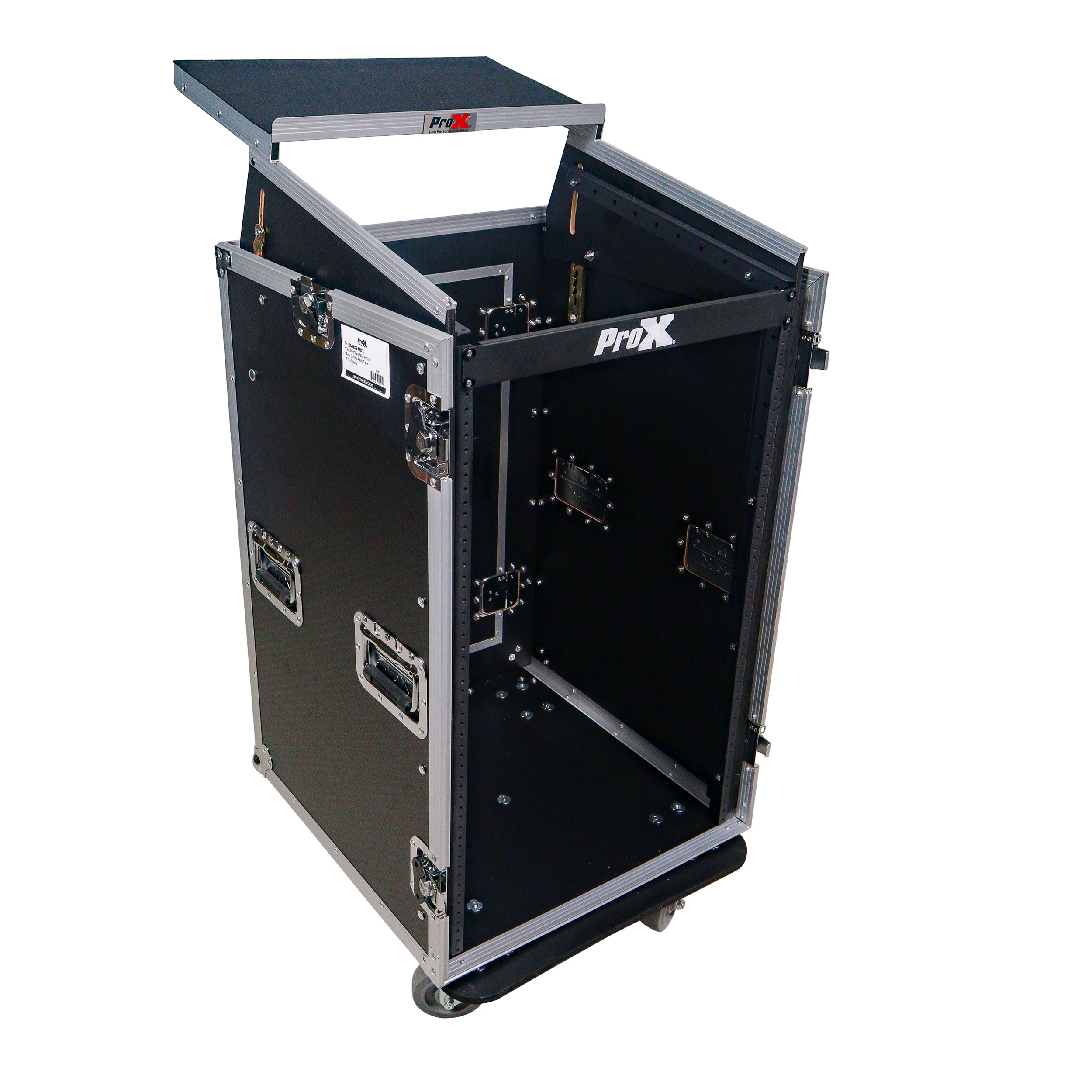 ProX 18U Vertical Rack Mount Flight Case with 10U Top for Mixer Combo Amp Rack with Laptop Shelf and Caster Wheels